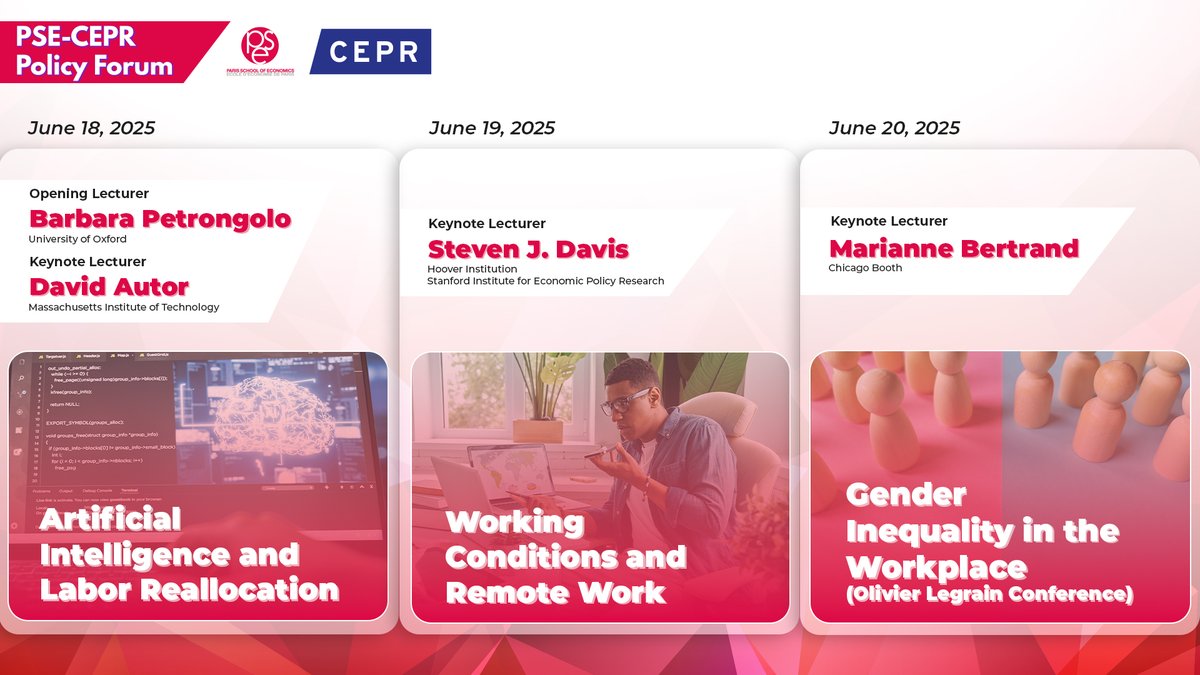 📅 Join the 3rd PSE-CEPR Policy Forum on The Future of Work – June 18 to 20, 2025, in Paris.
With sessions on AI &amp; labor reallocation, working conditions &amp; remote work, and gender inequality in the workplace.
🔗shorturl.at/AlfvY 
<a href="/cepr_org/">CEPR</a> #PSECEPR #FutureOfWork #Policy