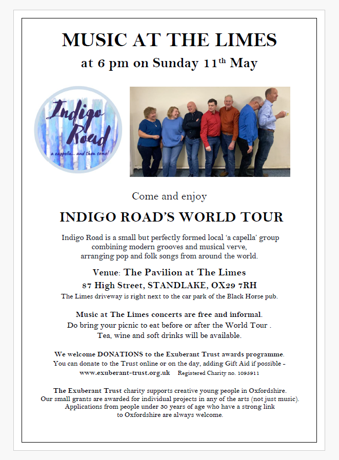 ExuberantTrust's tweet photo. Indigo Road's World Tour...a cappella and then some! 6pm Sunday 11th May in Standlake (bring a picnic if nice!). Come and here some amazing arrangements of songs old and new. Free concert, donations to our Youth Arts Fund. Info: https://t.co/qxjMPLYlrl #Standlake #acappella https://t.co/oSGMeVuYEp