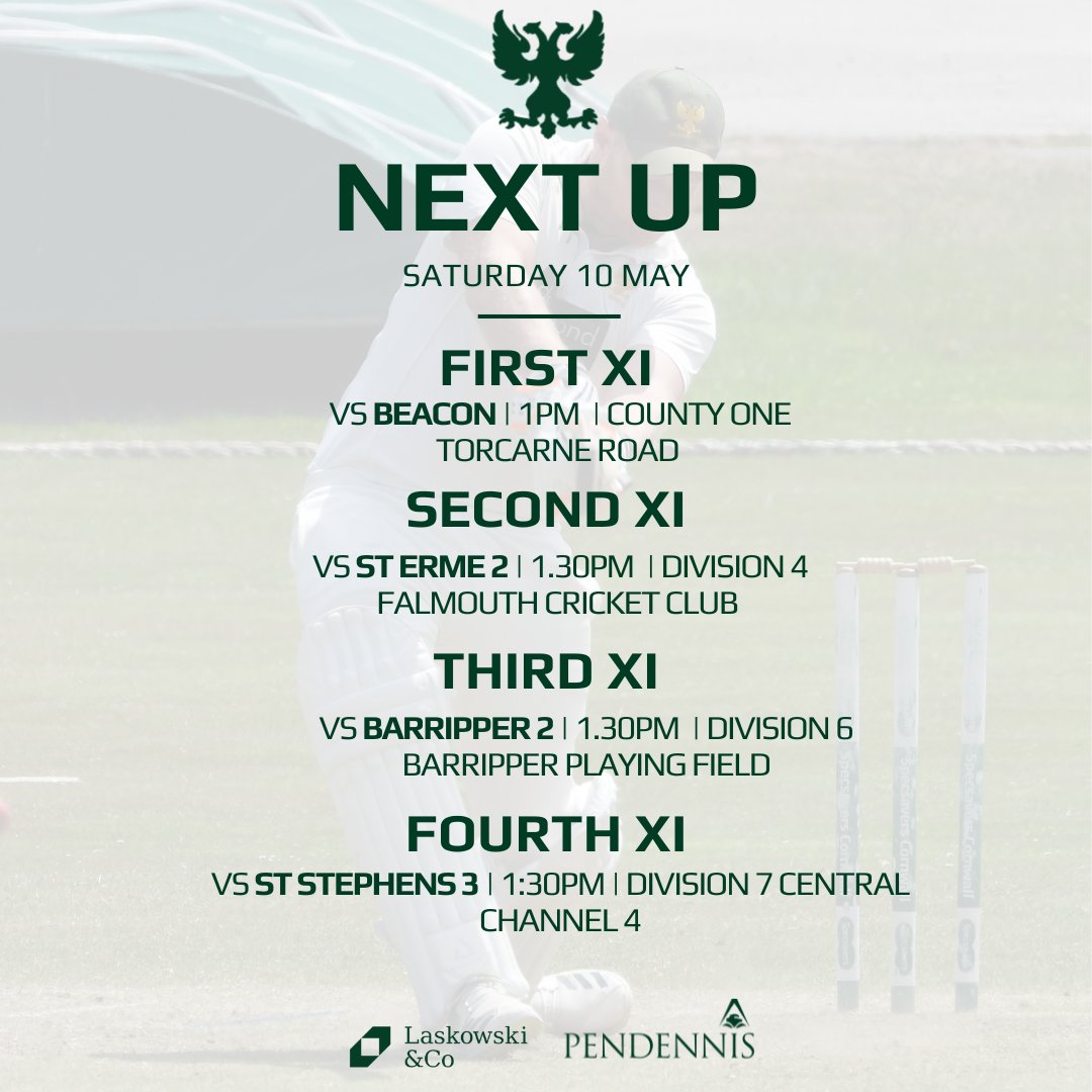 NEXT UP ⏭ - Cornwall Cricket League
SAT 10 MAY

🚌 1st XI travel to Beacon Cricket Club 1st XI in County One

🏟️2nd XI host to St Erme 2nd XI 

🚌 3rd XI travel to Barripper Cricket Club in Division 6 West!

🏟️ 4th XI host St Stephens 3rd XI up on channel 4 in Division 7 Central