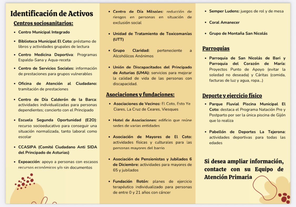 CS_ElCoto's tweet image. Gracias a nuestras EIR Paula Fraile, Lucía Álvarez y Andrea Muslera, ahora podemos conocer mejor los recursos comunitarios de nuestro barrio.🏘️🫱🏾🫲🏽
Os compartimos el tríptico que han elaborado para todos vosotros. 🗣️
#salud #coto #gijon #sociosanitario #enfermeria
