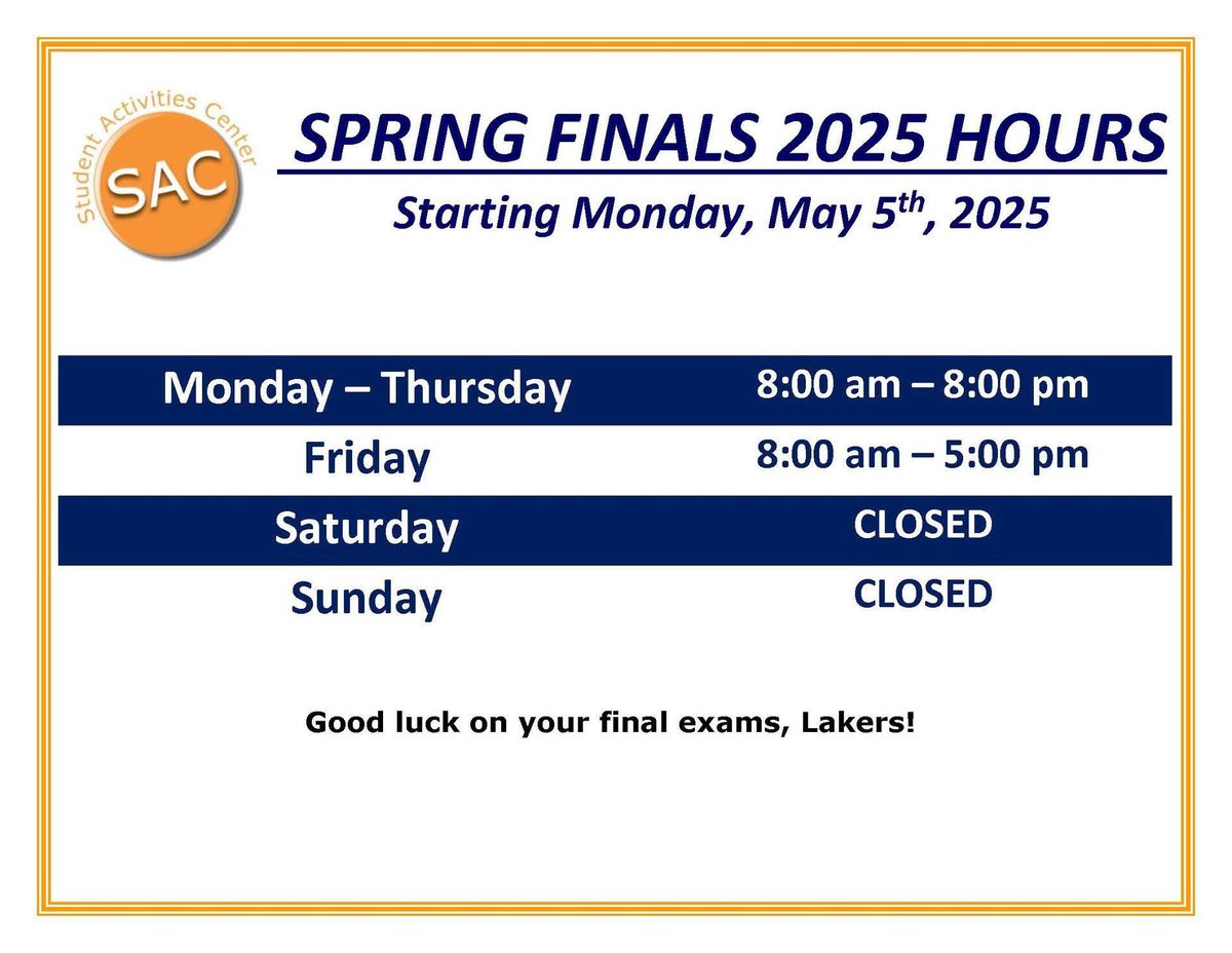 Laker Nation! SAC Hours for the week of finals! Not much has changed... **sniffles** bye, bye, weekends! M-Th: 8am-8pm, F: 8am-5pm, S&amp;S: Closed! #Finals #SAC
<a href="/csu_thesac/">Student Activities Center</a> @csucamprec  <a href="/CSUHousing/">CSU Housing</a>  <a href="/CSU_SA/">Clayton State SA</a> <a href="/ClaytonState/">Clayton State</a>