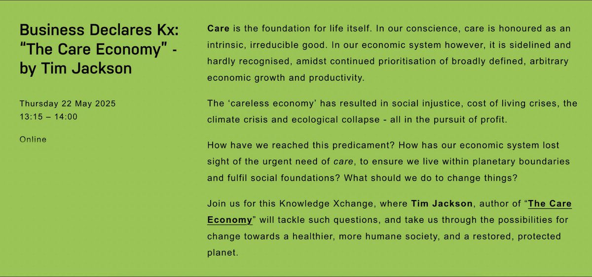 CUSP (@cusp_uk) on Twitter photo 📣 Business Declares | Knowledge Exchange
💡 <a href="/ProfTimJackson/">Tim Jackson</a> on #TheCareEconomy
🗓️ 22 May | 1:15pm BST | Online
🔗 Details and Registration: businessdeclares.com/events/busines…
cc #PostGrowth #WellbeingEconomy #ProsperityWithoutGrowth #BusinessDeclares 📣 Business Declares | Knowledge Exchange
💡 <a href="/ProfTimJackson/">Tim Jackson</a> on #TheCareEconomy
🗓️ 22 May | 1:15pm BST | Online
🔗 Details and Registration: businessdeclares.com/events/busines…
cc #PostGrowth #WellbeingEconomy #ProsperityWithoutGrowth #BusinessDeclares