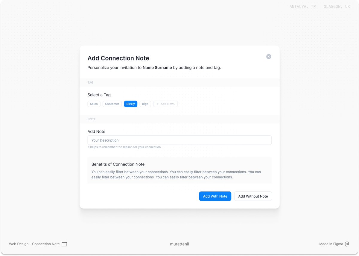 Exploring new ways to build meaningful connections with Bizzly🪄

Here's a preview of the new "Add Connection Note" feature — making it easier to remember details and personalize every interaction. ✨

#BizzlyApp #UXDesign #ProductDesign #UserExperience #DesignInProgress