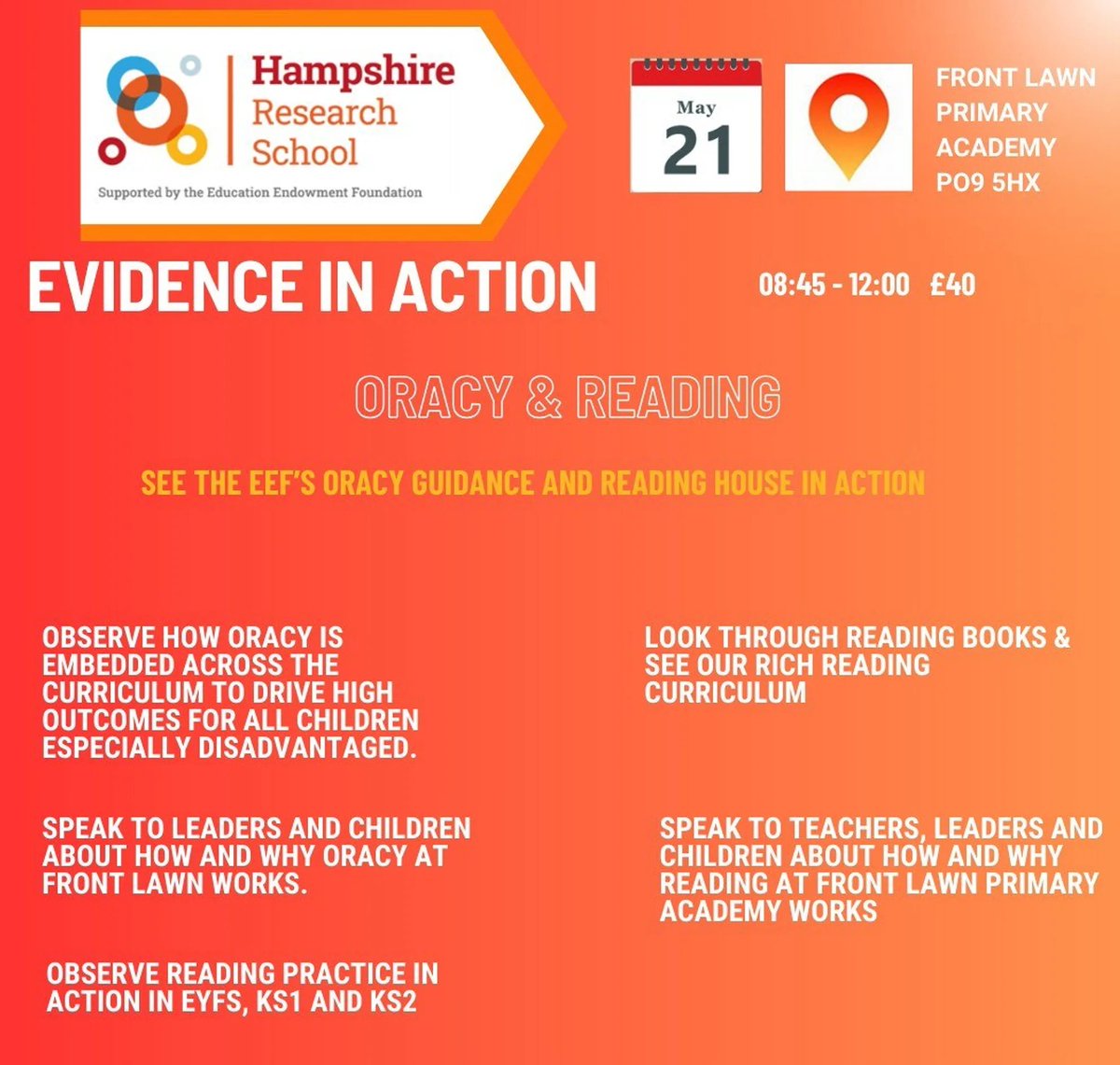 🚨 Calling all educators! Join @HantsResearch at Front Lawn Primary Academy on May 21 for Evidence in Action: Oracy &amp; Reading 📚🗣️
researchschool.org.uk/hampshire/even…