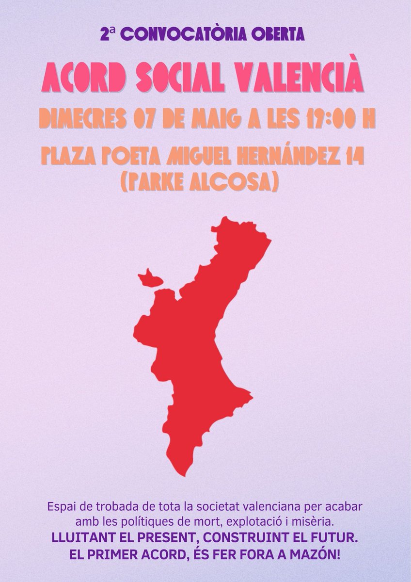 RTVP_POBLE's tweet image. 📝📝📝 Difon i FIRMA el manifest de l’Acord si en vols formar part:
🔗 acortar.link/psCiM0

📣 El D7 de maig tenim la 2a convocatòria oberta de l’Acord Social Valencià!

🕐19.00h
📍Parke Alcosa

🔥EL PRIMER ACORD ÉS FER FORA A MAZÓN
#AcordSocialValencià #ForaMazón