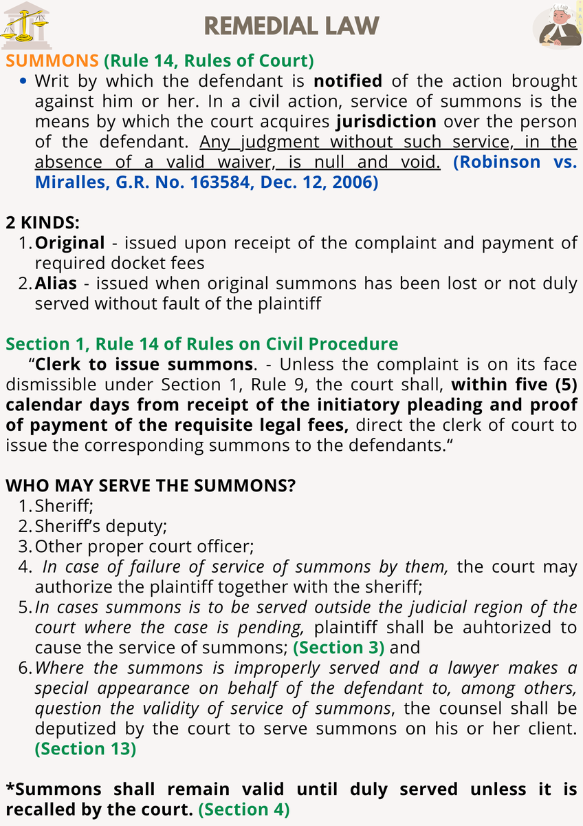 talktoRALS's tweet photo. 📣 REMEDIAL LAW 🚨

⚠️ Summons (Discussion of Rule 14) ‼️

Summons cannot be served by substituted service to a defendant who permanently resides abroad (BDO Remittance vs. Ocampo G.R. No. 202505)

#RightsAreLegallySignificant
#AMYingForExcellence
#Amyzingbar2025
#AJustBArAwaitsU https://t.co/JISC5iCQWF