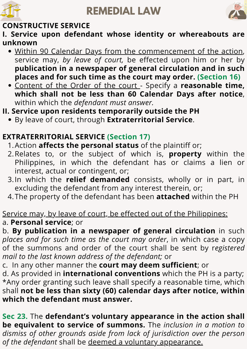 talktoRALS's tweet photo. 📣 REMEDIAL LAW 🚨

⚠️ Summons (Discussion of Rule 14) ‼️

Summons cannot be served by substituted service to a defendant who permanently resides abroad (BDO Remittance vs. Ocampo G.R. No. 202505)

#RightsAreLegallySignificant
#AMYingForExcellence
#Amyzingbar2025
#AJustBArAwaitsU https://t.co/JISC5iCQWF
