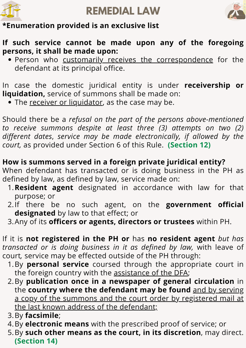 talktoRALS's tweet photo. 📣 REMEDIAL LAW 🚨

⚠️ Summons (Discussion of Rule 14) ‼️

Summons cannot be served by substituted service to a defendant who permanently resides abroad (BDO Remittance vs. Ocampo G.R. No. 202505)

#RightsAreLegallySignificant
#AMYingForExcellence
#Amyzingbar2025
#AJustBArAwaitsU https://t.co/JISC5iCQWF