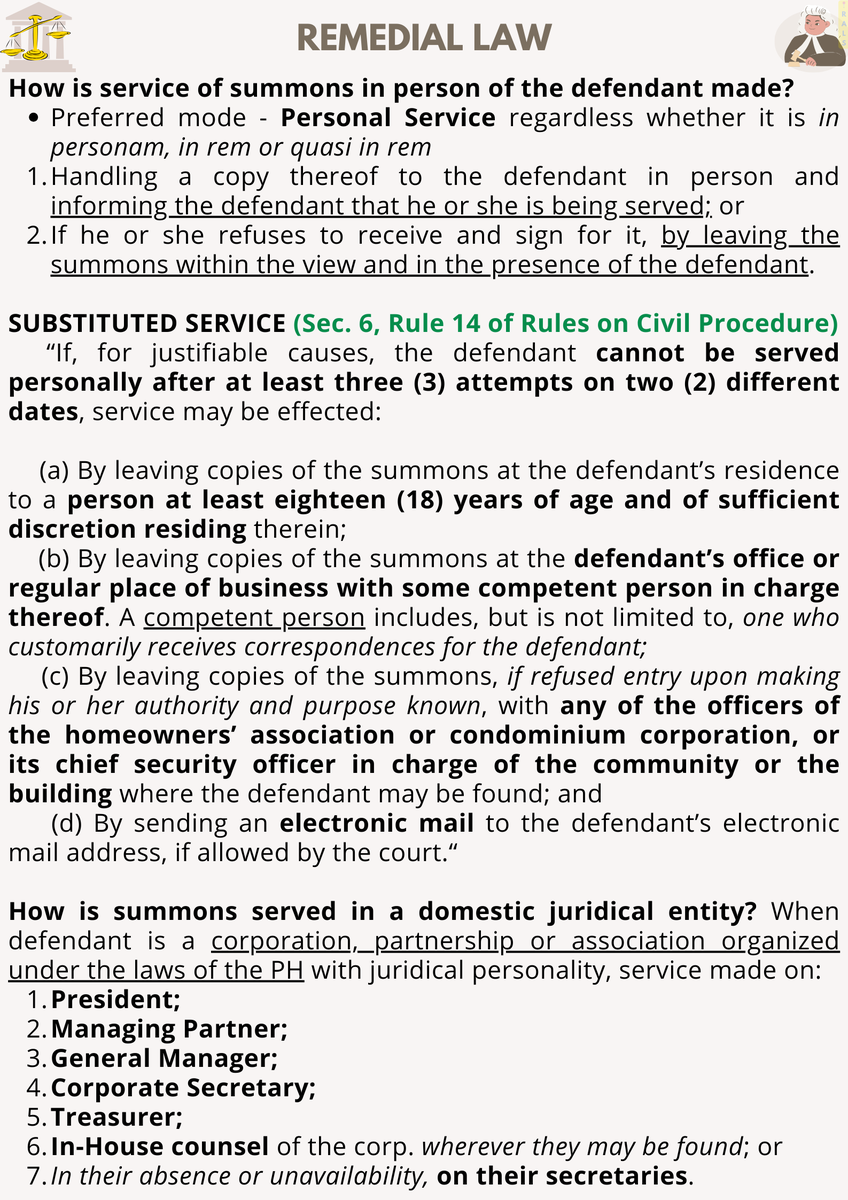 talktoRALS's tweet photo. 📣 REMEDIAL LAW 🚨

⚠️ Summons (Discussion of Rule 14) ‼️

Summons cannot be served by substituted service to a defendant who permanently resides abroad (BDO Remittance vs. Ocampo G.R. No. 202505)

#RightsAreLegallySignificant
#AMYingForExcellence
#Amyzingbar2025
#AJustBArAwaitsU https://t.co/JISC5iCQWF