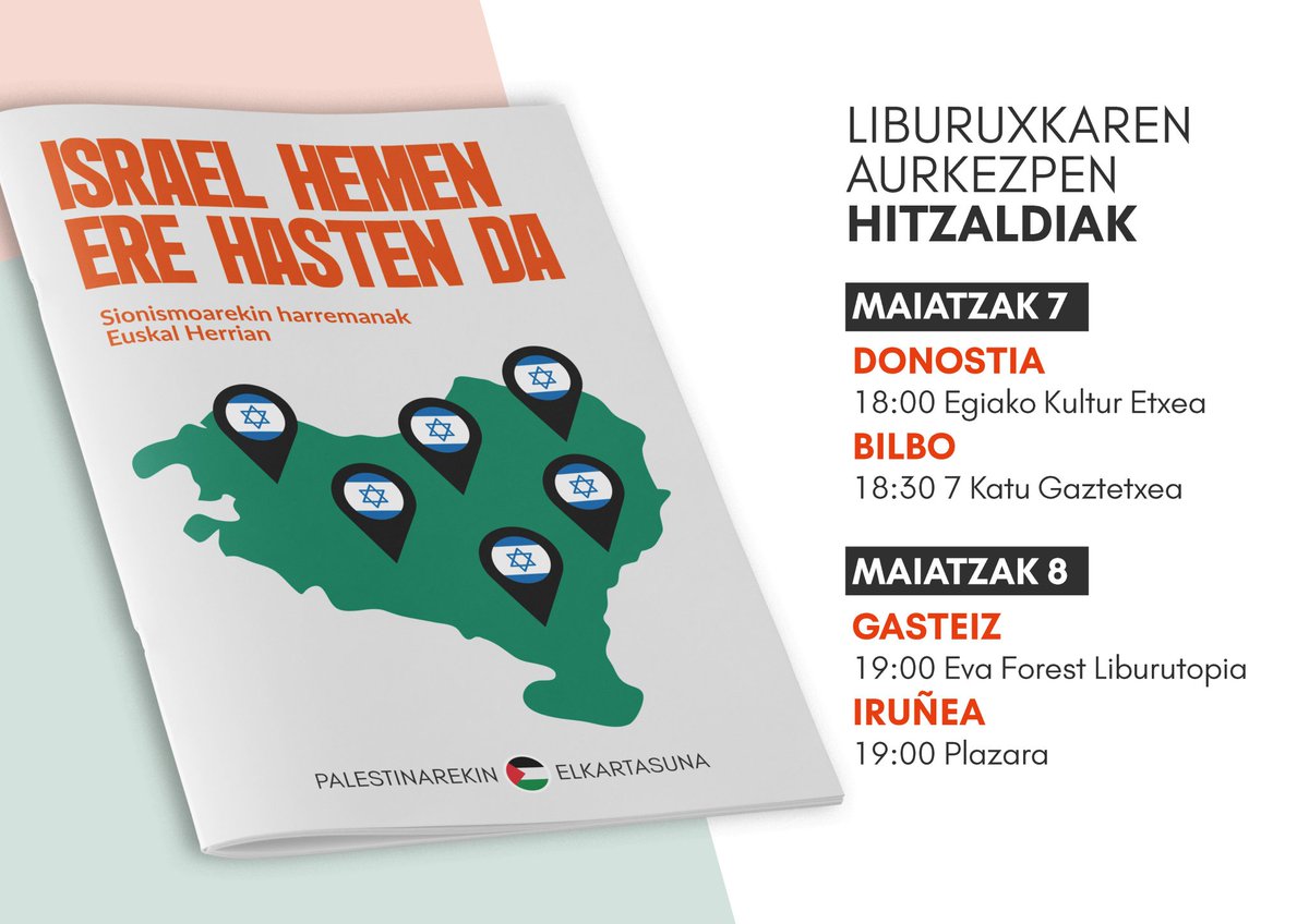 Horrek ezinbestean eskatzen du Euskal Herri internazionalista antolatzen jarraitzea eta sionismoarekiko euskal konplizitate oro seinalatzea. 

Horregatik aste honetan, "Israel hemen ere hasten da" txostenaren aurkezpenetara gerturatzera gonbidatzen zaituztegu.

Eutsi Palestina!