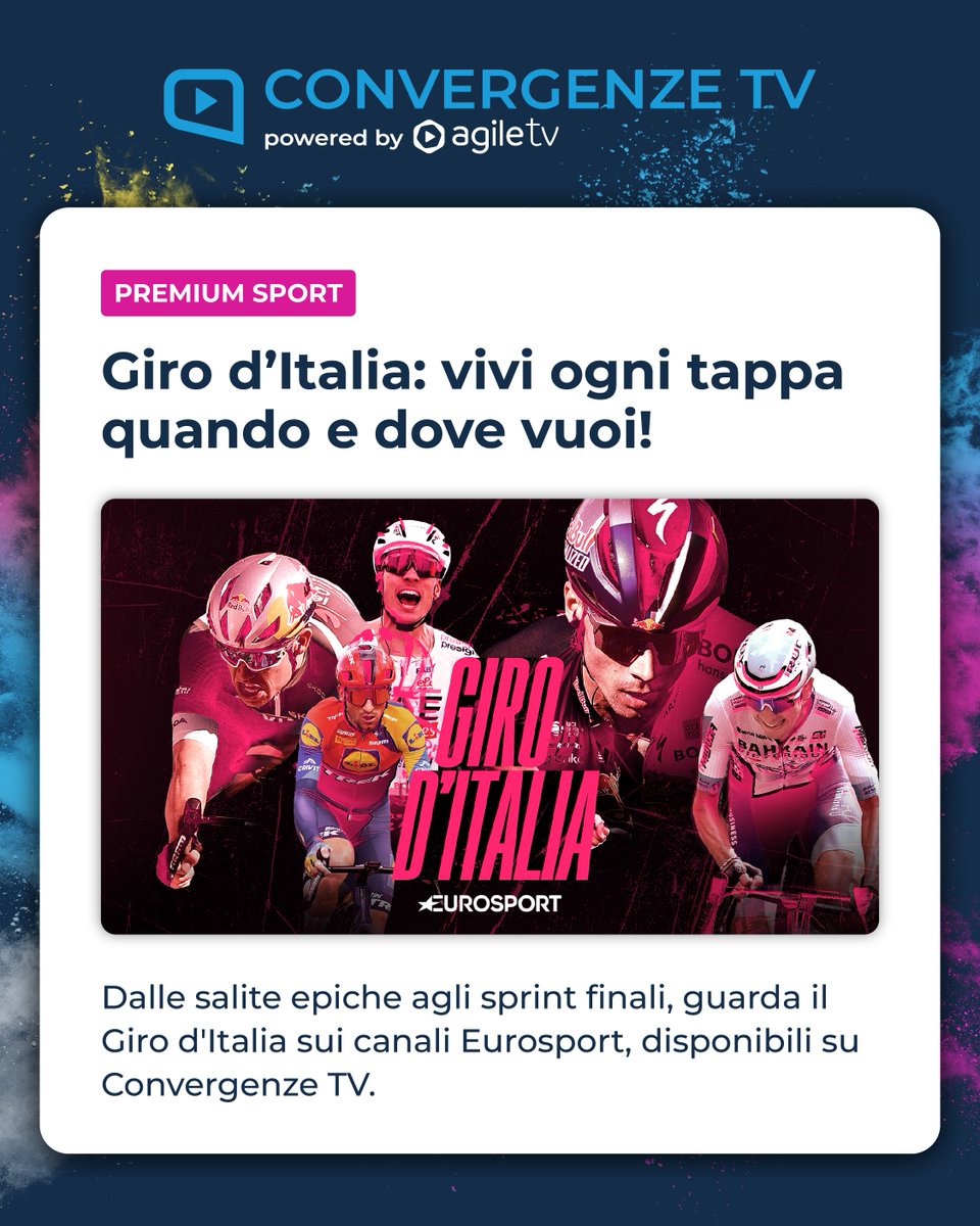 L’edizione n° 108 del #GiroDItalia è pronta a partire.
Dai tornanti dello Stelvio agli sprint più emozionanti: segui il Giro su #Eurosport, disponibile su #ConvergenzeTV. Attiva la combo spettacolare: 𝐅𝐢𝐛𝐫𝐚 + 𝐂𝐨𝐧𝐯𝐞𝐫𝐠𝐞𝐧𝐳𝐞 𝐓𝐕 qui: bit.ly/promofibraetv