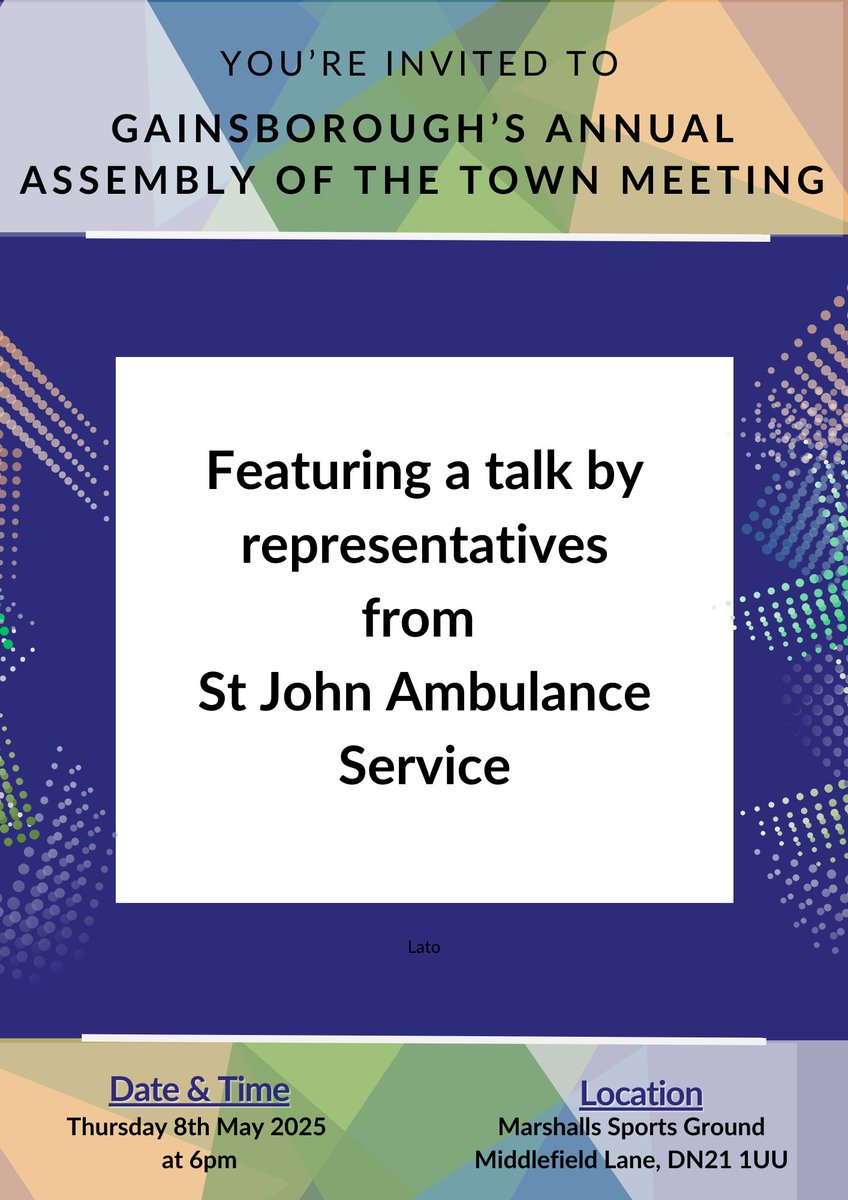 Gainsborough Town Council (@gainstc) on Twitter photo This year, 2 representatives from St John Ambulance Service (SJA) will be attending the Annual Assembly of the Town Meeting to talk about what SJA can offer and starting the cadet unit back up in Gainsborough. This year, 2 representatives from St John Ambulance Service (SJA) will be attending the Annual Assembly of the Town Meeting to talk about what SJA can offer and starting the cadet unit back up in Gainsborough.