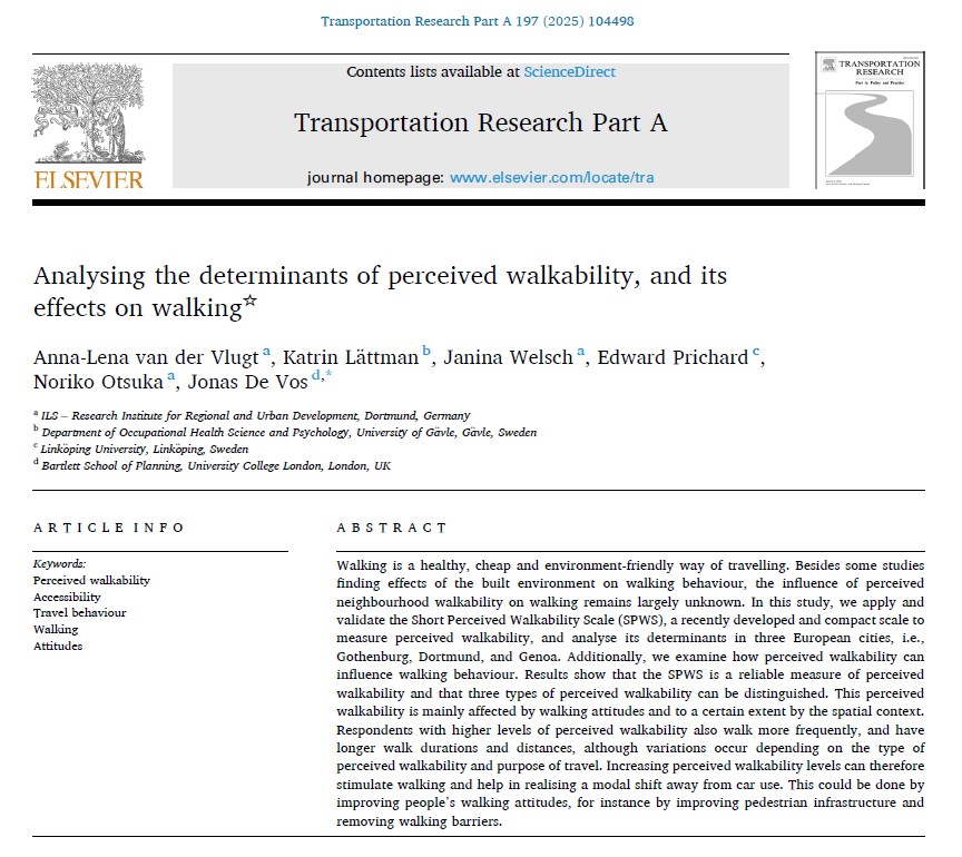 DV_Jonas's tweet image. In this new paper, we found that perceived walkability is mainly affected by walking attitudes and that respondents with higher levels of perceived walkability walk longer and more frequently.
The paper is available open access:
doi.org/10.1016/j.tra.…