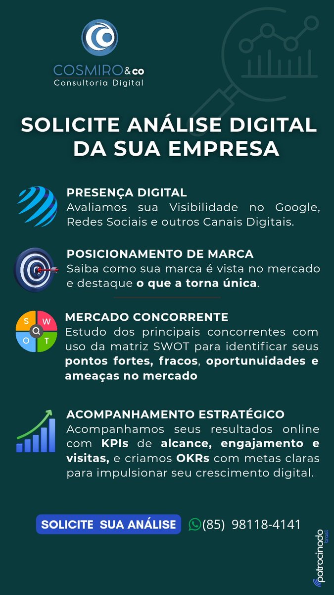 [ Publi ] Análises Estratégicas no Digital .👇 Fale Conosco: wa.me/558581184141
#AnaliseDigital #ConsultoriaDigital #MarketingDigital Serviços   URGENTE
