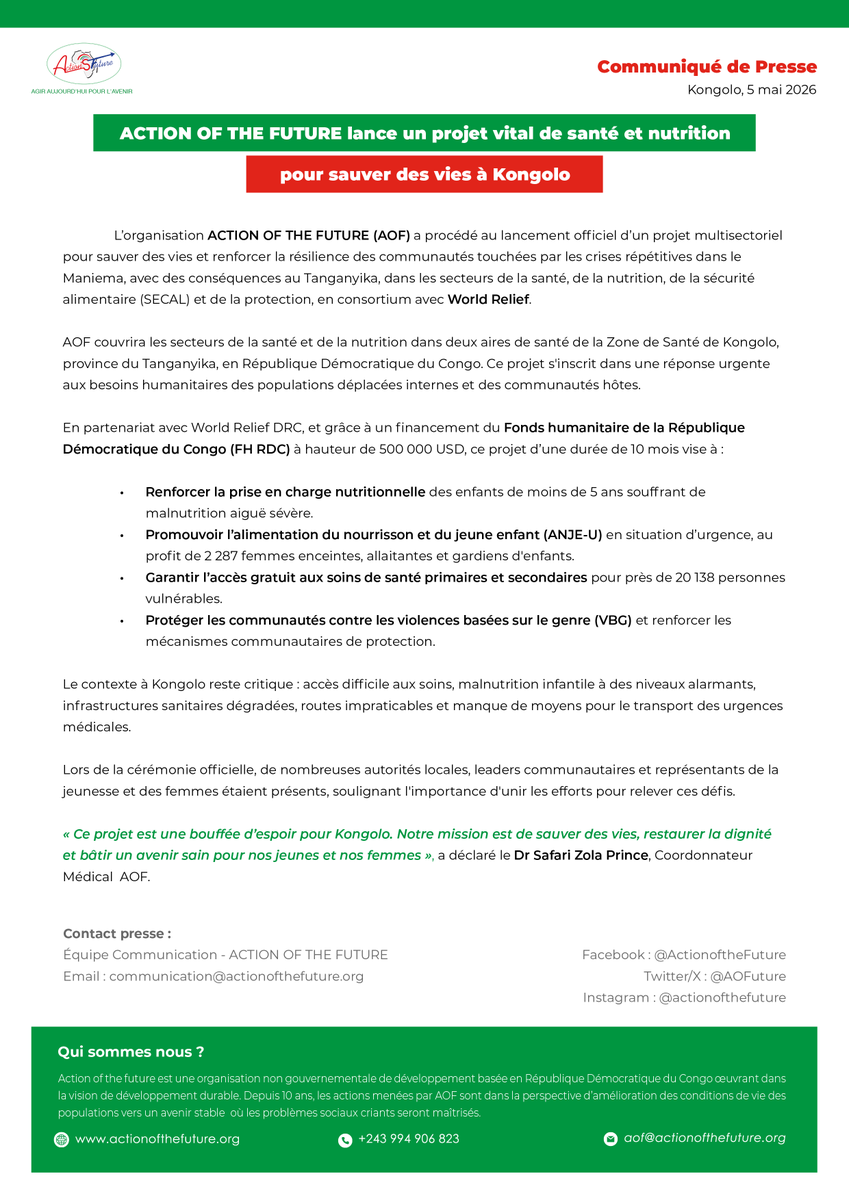 aof_ongd's tweet photo. AOF lance un projet multisectoriel vital à Kongolo (Tanganyika) 🇨🇩 -Santé, nutrition, protection -Femmes &amp; enfants au cœur de l’action -Avec @WorldRelief  | Financement FHRDC   #AOF #Kongolo #Santé #Nutrition #RDC #Humanitaire @UNOCHA_DRC https://t.co/knMC3jt1Je
