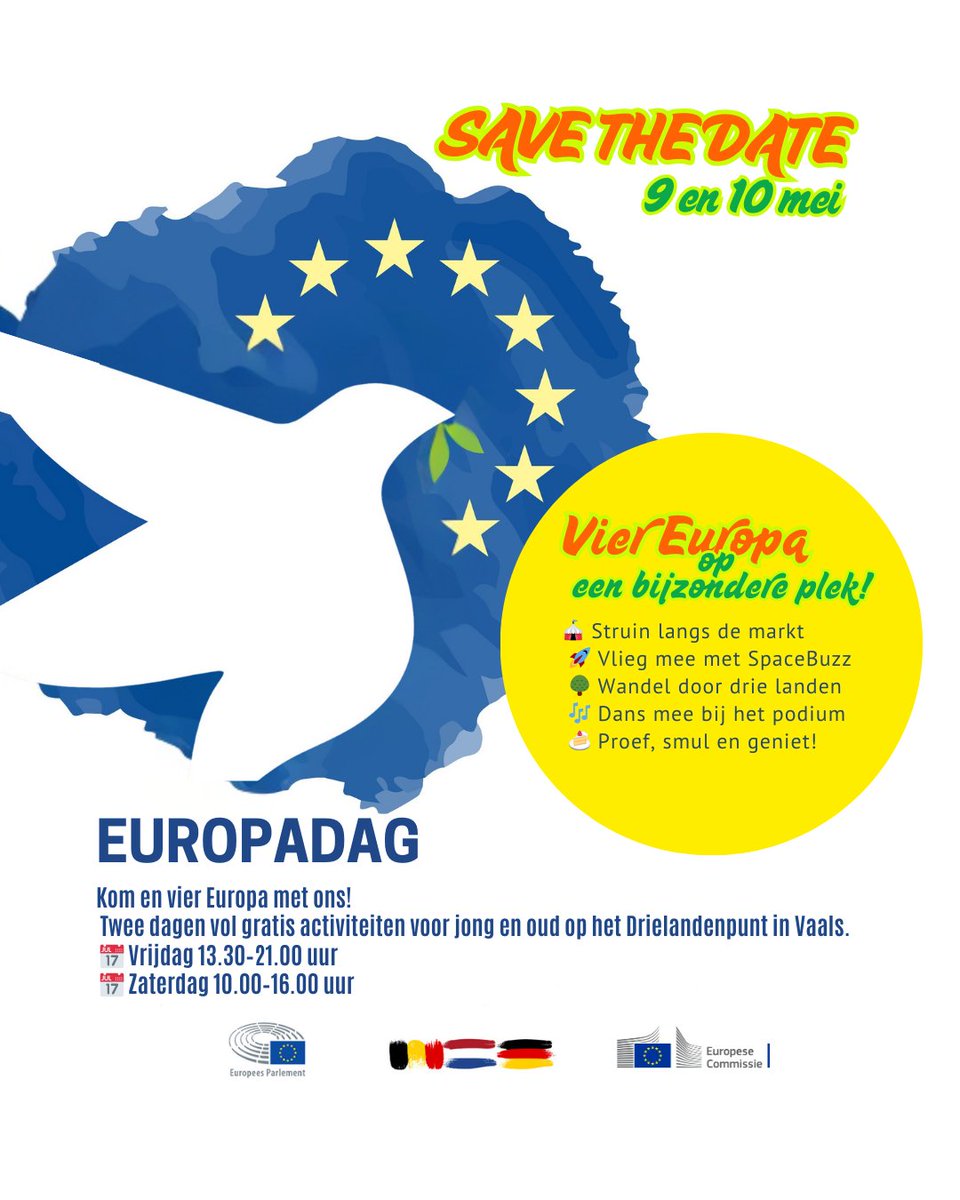 Stel op 10 mei je vraag aan vertegenwoordigers van de 🇪🇺Europese Commissie tijdens een interactieve sessie op het Drielandenpunt. Praat mee over de toekomst van Europa. #feestvanEuropa #Europadag2025 #Europadag #EUinNL
Meer weten?
👉europa.eu/!WbRvYx