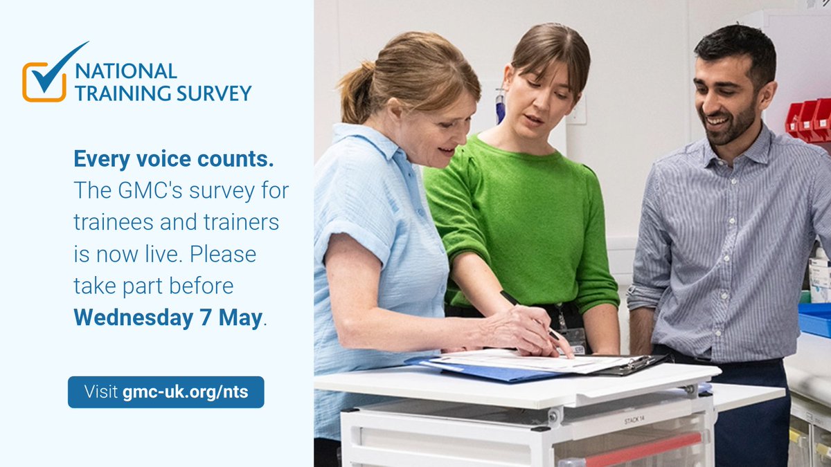 There is still time to complete the <a href="/gmcuk/">GMC</a> National Training Survey 2025 with the deadline extended until midday tomorrow.

Have your say and complete the survey available here &gt; gmc-uk.org/nts