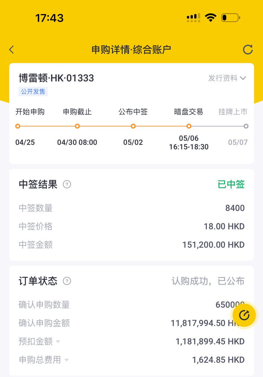 港股打新实战教程：博雷顿112手中签，盈利15w+！

这次打新策略：  
✅ 2个顶头槌（118w/号）→ 中84手  
✅ 40个甲组低保（4w/号）→ 中28手  
💰 总收益≈15w（每手收益1400元左右）  

为什么去赌？
1️⃣流通盘小 + 认购倍数高 → 破发概率低