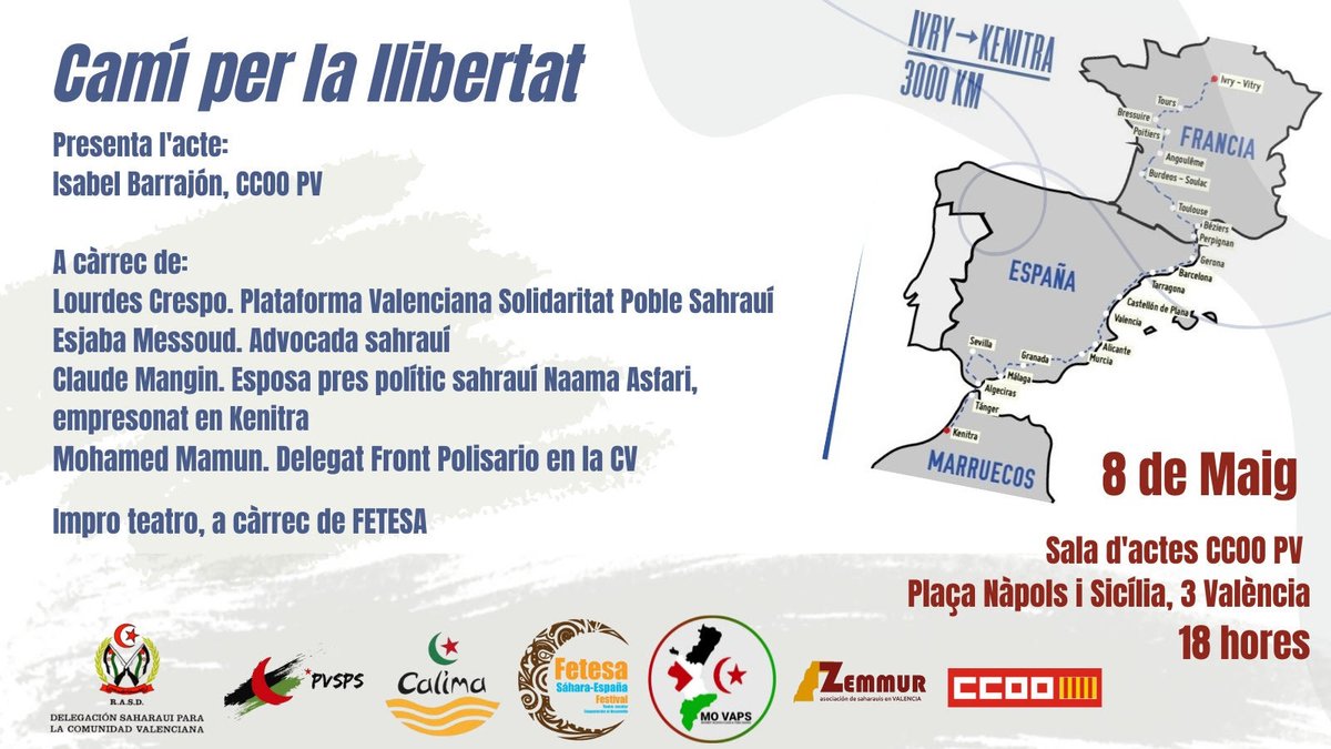 CCOO País Valencià (@ccoopv) on Twitter photo 📆 8M🕕18h📍<a href="/ccoopv/">CCOO País Valencià</a>
🎙<a href="/isa_barrajon/">🔻Isa Barrajón</a> presenta el viaje de 3.000 km por la libertad de presos saharauis encarcelados por defender su identidad, su tierra y su dignidad.
🎙Claude Mangin
🎙Lourdes Crespo
🎙Esjaba Messoud
🎙Mohamed Mamun
🔗acortar.link/foidPA
#SáharaLibre 📆 8M🕕18h📍<a href="/ccoopv/">CCOO País Valencià</a>
🎙<a href="/isa_barrajon/">🔻Isa Barrajón</a> presenta el viaje de 3.000 km por la libertad de presos saharauis encarcelados por defender su identidad, su tierra y su dignidad.
🎙Claude Mangin
🎙Lourdes Crespo
🎙Esjaba Messoud
🎙Mohamed Mamun
🔗acortar.link/foidPA
#SáharaLibre