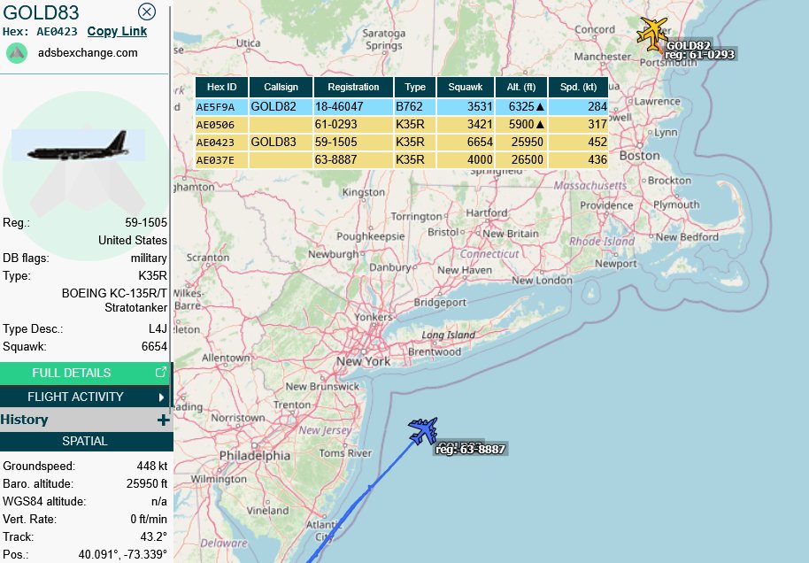 SirListenalot's tweet photo. #KC135's #GOLD83-84 picked up five USMC #F35's #RETRO51 out of Cherry Point bound for Rota, Spain. KC135 #GOLD81 &amp; #KC46 #GOLD82 out of Pease for Morón will take'm across the pond https://t.co/AxVX7Xrjn0