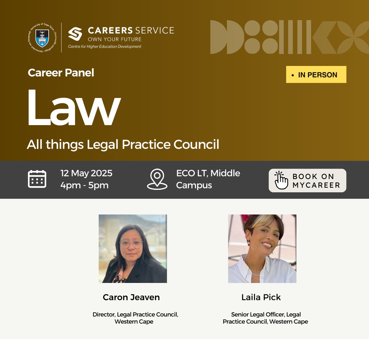 Thinking of a career in law? Don’t miss our Law Career Panel with experts from the Legal Practice Council. Get insights on admission, training, ethics &amp; the future of legal practice. Book now via MyCareer - tinyurl.com/3vyy4a5y

#UCTCareersService #LawCareers #LegalPractice