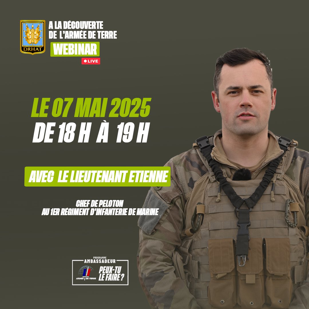 « Mon métier est unique. Peu importe le niveau scolaire, l’<a href="/armeedeterre/">Armée de Terre</a> peut faire de vous un chef ! » 👊

🕢 Mercredi 7 mai de 18h à 19h, le lieutenant Etienne répondra à toutes les questions en direct lors d’un webinaire organisé en partenariat avec @MyJobGlasses. 
 
💬 Le
