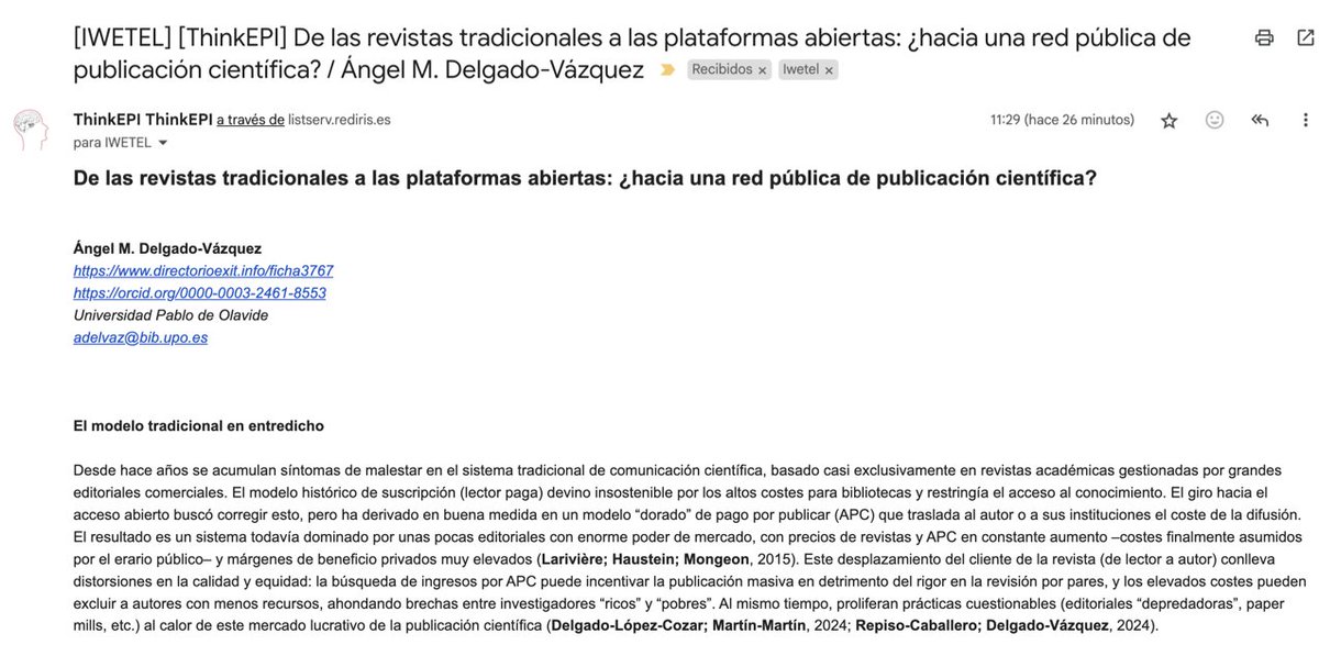 Ángel M. Delgado-Vázquez (@amdelvaz) on Twitter photo 📢 Coincidiendo con #CRECS2025, publico en IWETEL una nota <a href="/thinkepi/">thinkepi</a>:
👉 ¿Hacia una red pública de publicación científica?
Reflexiono sobre modelos abiertos y sostenibles.
🗣️ ¡Participa!
🔗 listserv.rediris.es/cgi-bin/wa?A2=…
#CienciaAbierta #DiamondOA 📢 Coincidiendo con #CRECS2025, publico en IWETEL una nota <a href="/thinkepi/">thinkepi</a>:
👉 ¿Hacia una red pública de publicación científica?
Reflexiono sobre modelos abiertos y sostenibles.
🗣️ ¡Participa!
🔗 listserv.rediris.es/cgi-bin/wa?A2=…
#CienciaAbierta #DiamondOA