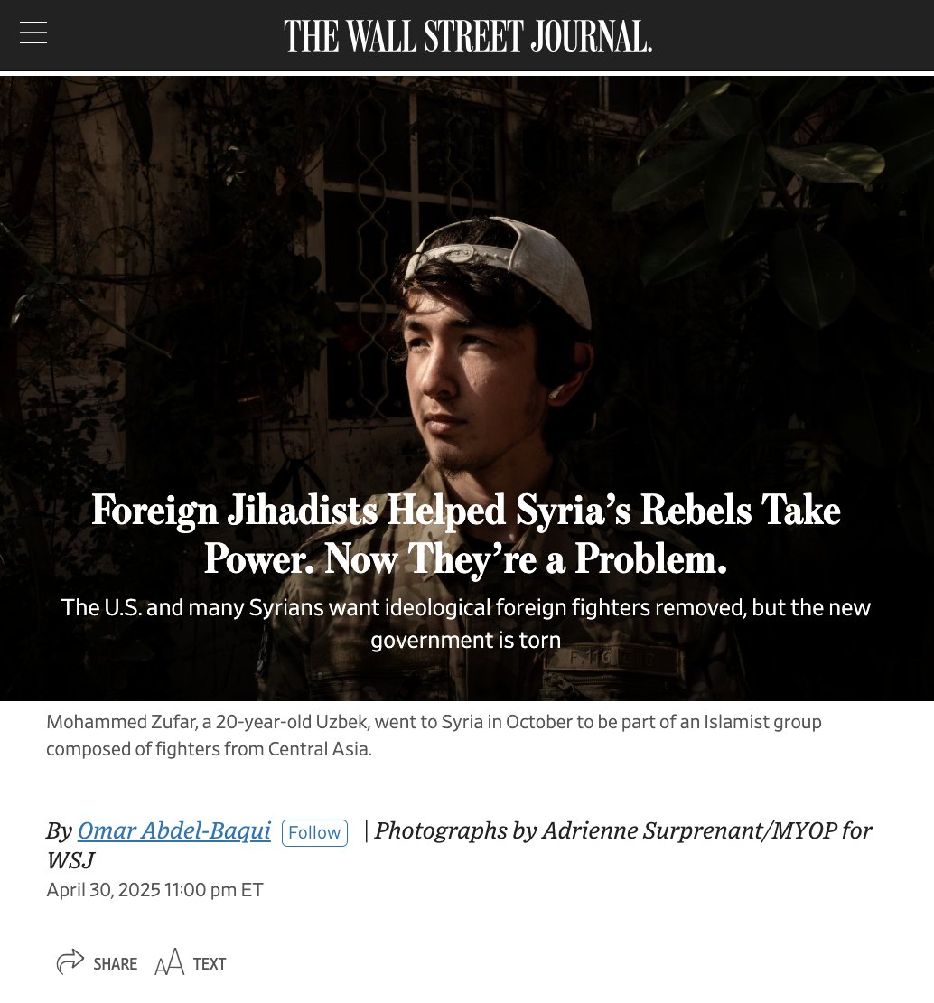 Was pleased to help the WSJ with this article on foreign jihadists in Syria. These muhajireen played an important role in helping HTS take control of the country, but their future in Syria is now one of the most difficult questions to resolve. Give it a read: