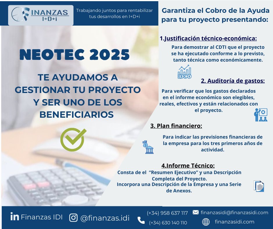 🚩Pronto se publicará la resolución provisional #NEOTEC 2025. Los elegidos deberán presentar un informe de experto externo que certifique la empresa innovadora o la evaluación de un auditor ROAC sobre los gastos de I+D. Nosotros podemos hacerlo, visita: finanzasidi.com/.../neotec-202…