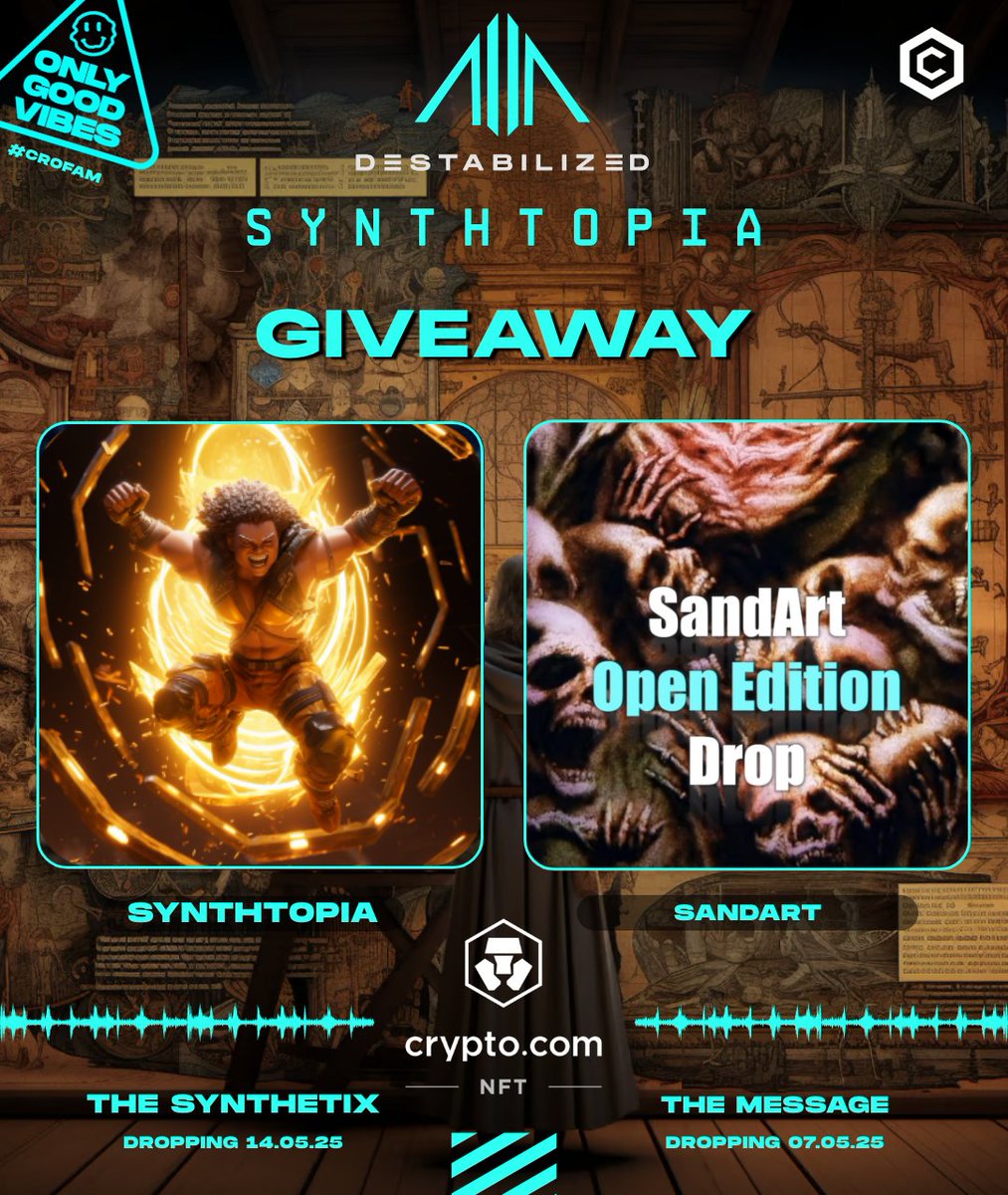 👾 SYNTHTOPIA x SANDART ⏳ #GIVEAWAY

🏆 500 $LION x2 
🏆 SYNTHTOPIA: BEYOND THE END x2

How to Enter
1️⃣ Follow: <a href="/synthtopiaworld/">SYNTHTOPIA</a> × <a href="/sandbangNFT/">SandBang NFT</a> x <a href="/cryptocomnft/">Crypto.com NFT</a>
2️⃣ RT 🔁 / Tag a friend 💬 (multiple entries allowed!)

⏳ Ends in 72 hours!

🌟 SANDART: The Message
Time, memory, and