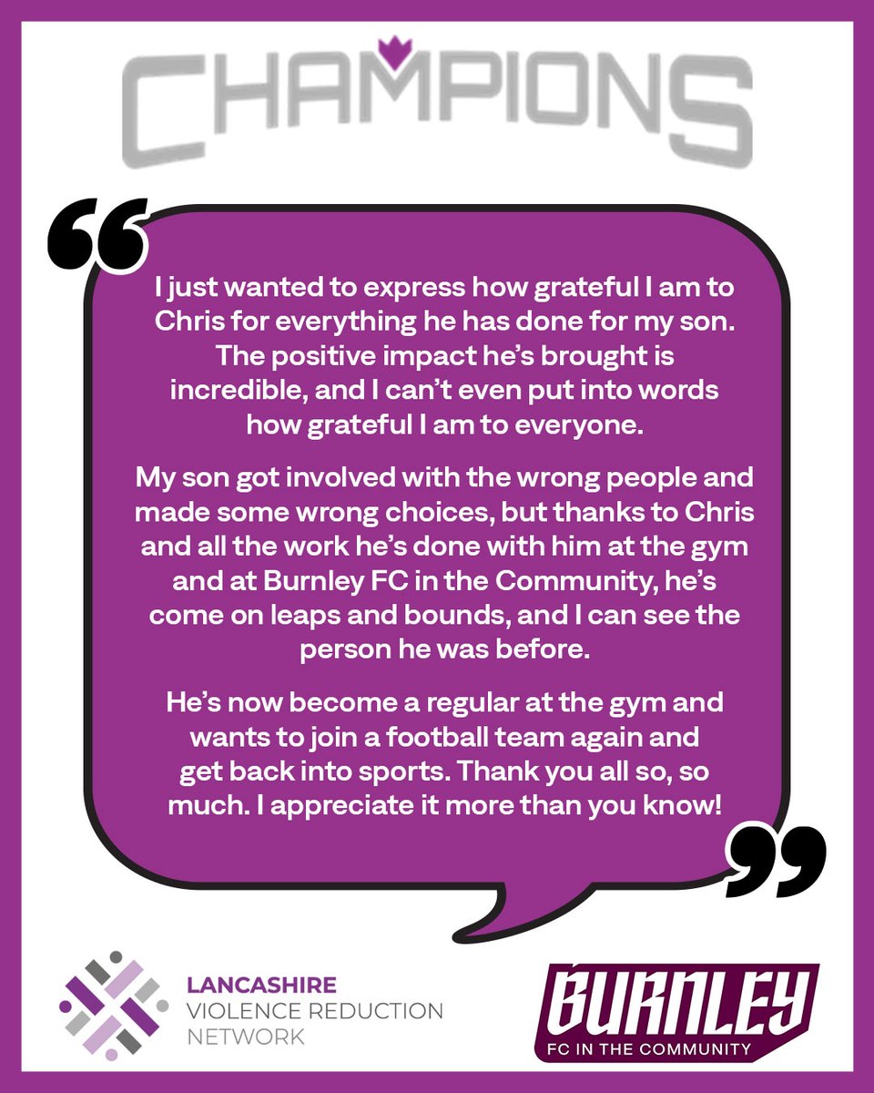 We've received incredible feedback from our Champions programme! 🎉 

In partnership with @LancashireVRN, we support young people aged 10-25 at risk of offending behaviours. 

Feedback like this makes us proud of our positive impact 💜
