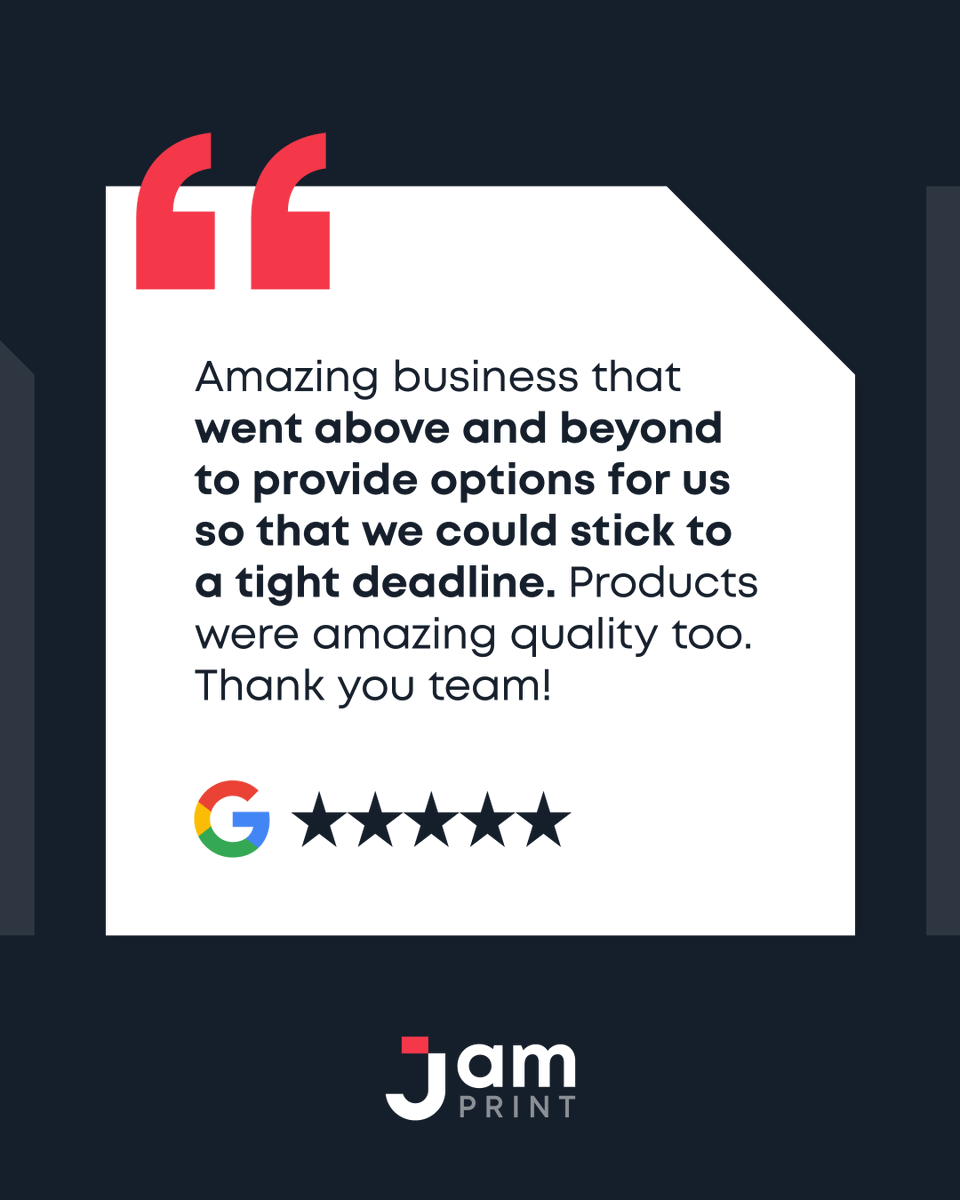Jamprint's tweet photo. At Jamprint, we know that tight deadlines are a reality, but quality should never be compromised.

That's why we work closely with every customer to deliver the best print solutions, fast.

But don’t just take our word for it- hear what our customers have to say 🙌

#Customer ... https://t.co/osszcyJg3f