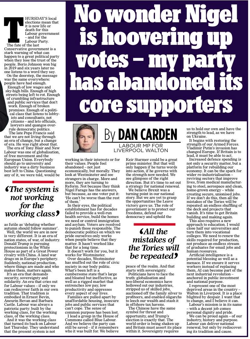 Dan Carden (@dancardenmp) on Twitter photo The local elections were a Mayday warning signal.
The Labour Party can still be saved – but only if it remembers who it stands for.
📰 My article for <a href="/MailOnline/">Mail Online</a>: The local elections were a Mayday warning signal.
The Labour Party can still be saved – but only if it remembers who it stands for.
📰 My article for <a href="/MailOnline/">Mail Online</a>: