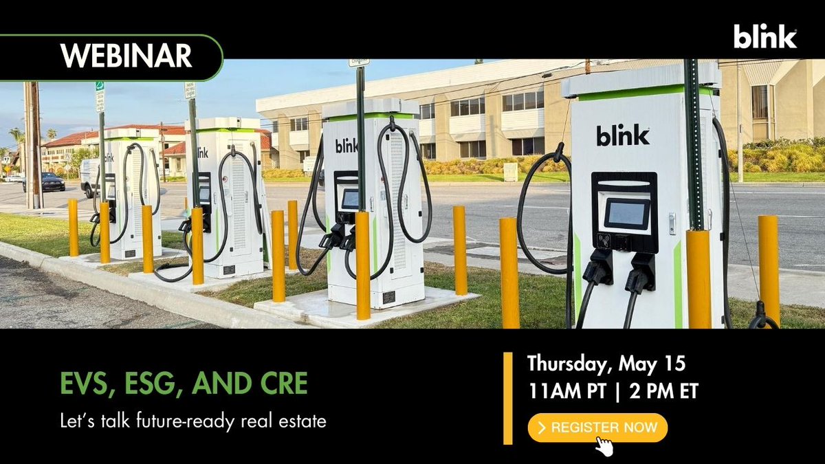 BlinkCharging's tweet photo. How are you future-proofing your buildings? 

Join Blink's webinar to explore how EV infrastructure fuels value, revenue &amp; sustainability in CRE.
📅 Thursday, May 15 | 11 AM PT / 2 PM ET
👉 Register: https://t.co/6hbpg6rNbp

#EVCharging #SmartBuildings #ESG https://t.co/WMl9jYxRSF