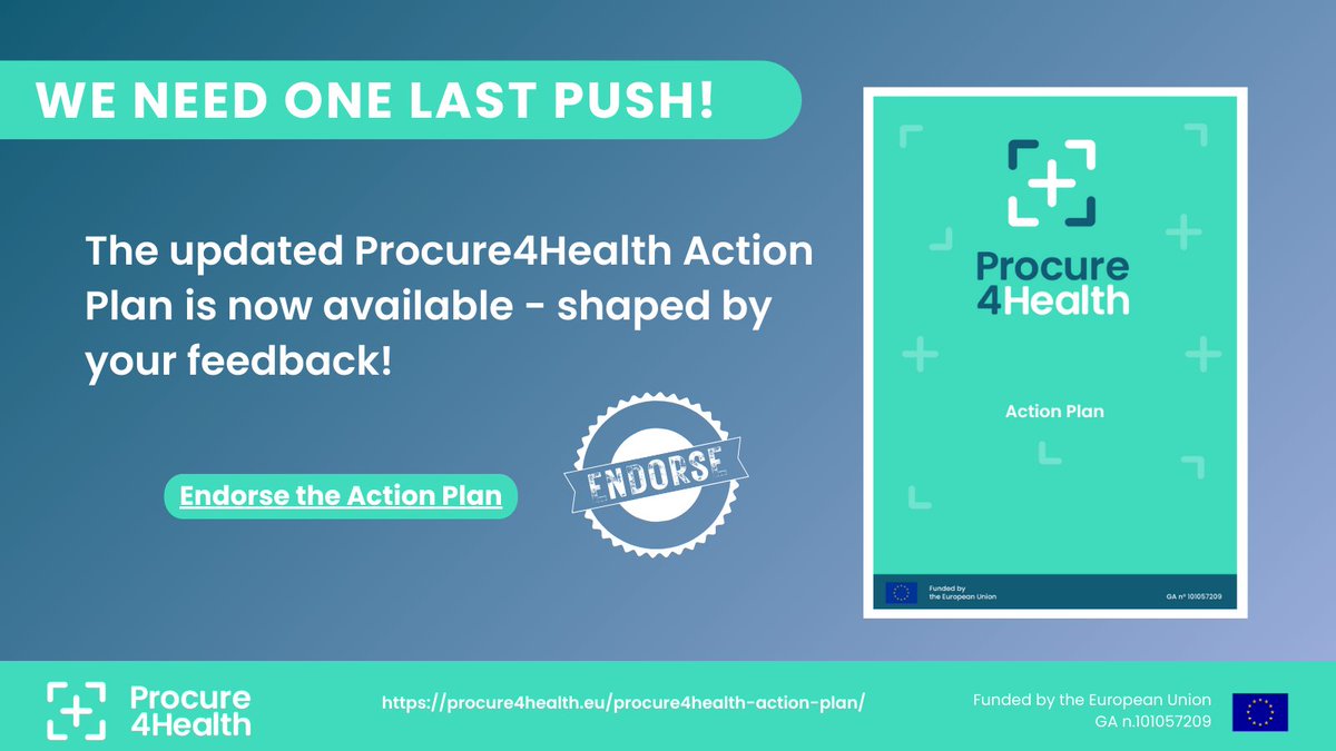 The final #Procure4Health Action Plan just dropped—thanks for your feedback! 👏 

🎉 Join the movement towards better care and services. Download the Action Plan now!

↘️ Download + read here: community.procure4health.eu/p/action-plan 
#InnovationProcurement #Healthcare