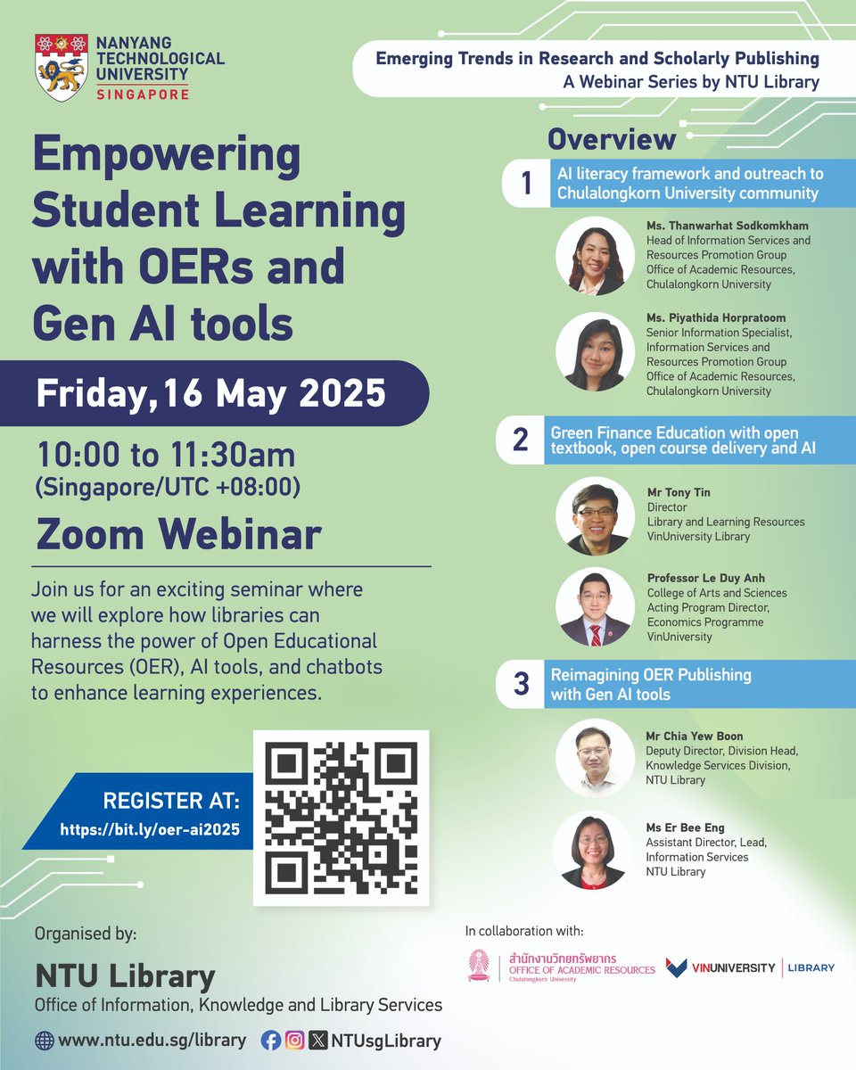NTU Library (@ntusglibrary) on Twitter photo Join us on 16 May for our Webinar on "Empowering Student Learning with OERS and Gen AI Tools" held in collaboration with Chulalongkorn University and VinUniversity Library.
đź”— Register now via this link! bit.ly/oer-ai2025 Join us on 16 May for our Webinar on "Empowering Student Learning with OERS and Gen AI Tools" held in collaboration with Chulalongkorn University and VinUniversity Library.
đź”— Register now via this link! bit.ly/oer-ai2025