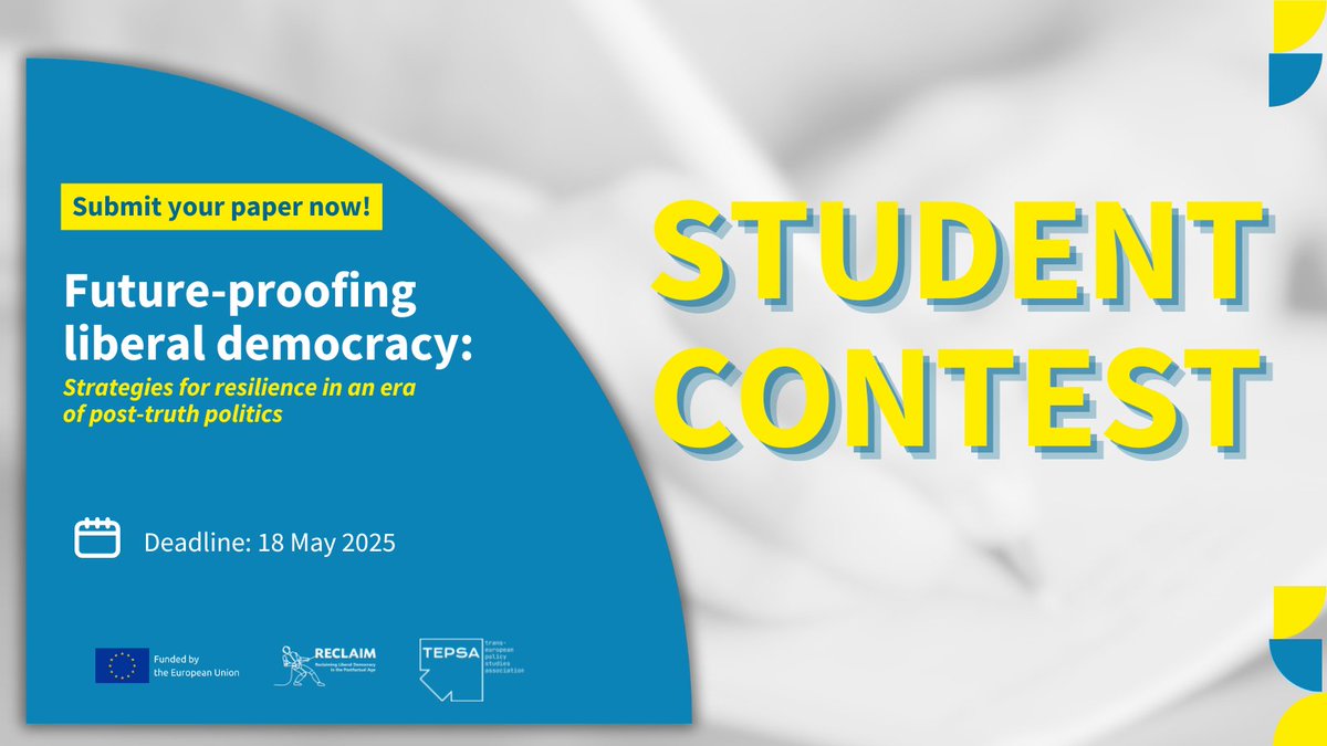 Trans European Policy Studies Association (@tepsaeu) on Twitter photo 📢 To all university students & young researchers 📢
Take part in the <a href="/RECLAIM_HEU/">RECLAIM</a> Student Paper #Contest & win a chance to attend our Final Conference in Brussels 🥇🇪🇺
Submit your paper by Sunday, 18 May 📆 tepsa.eu/events/reclaim…
<a href="/AMS_IIA/">Alþjóðamálastofnun / Institute of Int. Affairs</a> <a href="/FDVLjubljana/">FDV</a> <a href="/UAM_Madrid/">UAM Autónoma Madrid</a> 📢 To all university students & young researchers 📢
Take part in the <a href="/RECLAIM_HEU/">RECLAIM</a> Student Paper #Contest & win a chance to attend our Final Conference in Brussels 🥇🇪🇺
Submit your paper by Sunday, 18 May 📆 tepsa.eu/events/reclaim…
<a href="/AMS_IIA/">Alþjóðamálastofnun / Institute of Int. Affairs</a> <a href="/FDVLjubljana/">FDV</a> <a href="/UAM_Madrid/">UAM Autónoma Madrid</a>