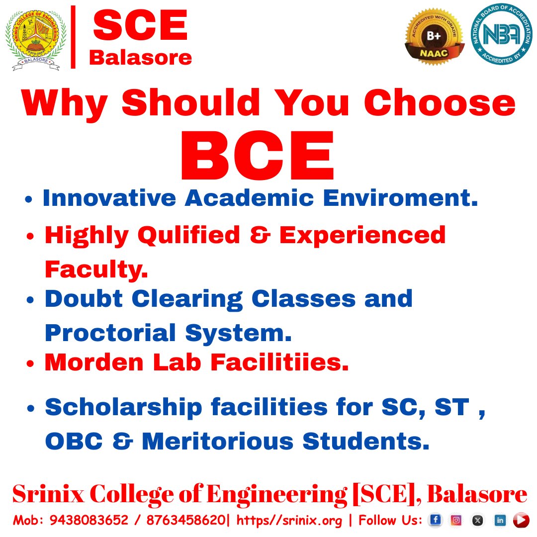 SCEBalasore's tweet photo. 🎓 𝗔𝗱𝗺𝗶𝘀𝘀𝗶𝗼𝗻𝘀 𝗢𝗽𝗲𝗻 𝗳𝗼𝗿 𝟮𝟬𝟮𝟱-𝟮𝟲!🚀

Join 𝗦𝗿𝗶𝗻𝗶𝘅 𝗖𝗼𝗹𝗹𝗲𝗴𝗲 𝗼𝗳 𝗘𝗻𝗴𝗶𝗻𝗲𝗲𝗿𝗶𝗻𝗴 (𝗦𝗖𝗘), 𝗕𝗮𝗹𝗮𝘀𝗼𝗿𝗲, 𝗢𝗱𝗶𝘀𝗵𝗮 – 𝗔 𝗣𝗿𝗲𝗺𝗶𝗲𝗿 𝗗𝗲𝘀𝘁𝗶𝗻𝗮𝘁𝗶𝗼𝗻 𝗳𝗼𝗿 𝗕.𝗧𝗲𝗰𝗵, 𝗗𝗶𝗽𝗹𝗼𝗺𝗮 &amp; 𝗠𝗕𝗔 𝗣𝗿𝗼𝗴𝗿𝗮𝗺𝘀! https://t.co/sDaDkZ4c8u