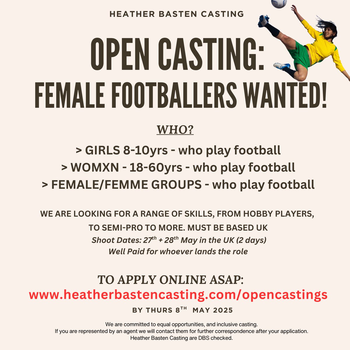 ⚽️**OPEN CASTING**⚽️ We are looking for FEMALE FOOTBALLERS of all ages and ranges for a new TV commercial for a UK football competition !

To Apply ➡️: heatherbastencasting.com/opencastings

#Football #OpenCasting