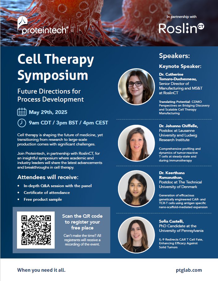 Catherine Tomaro-Duchesneau, PhD, Senior Director of Manufacturing and MS&amp;T at RoslinCT, will deliver the keynote at <a href="/Proteintech/">Proteintech Group</a> Group’s Cell Therapy Symposium!

🗓️ Date: May 29, 2025
 🔗 Free Registration: lnkd.in/e3MZwaRv