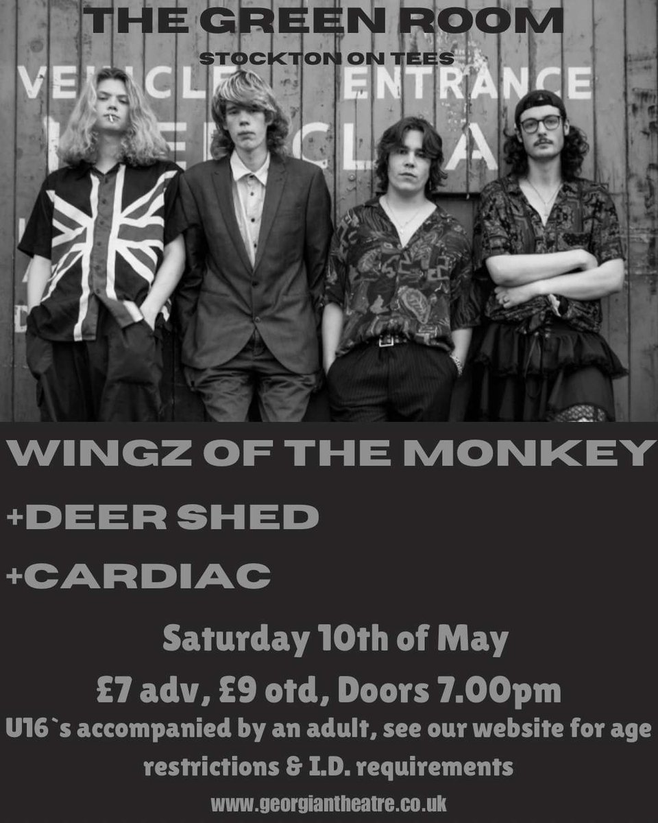 This Saturday (10/05)

Wingz of the Monkey - Alt/rock band heavily influenced by the grunge, punk and rock scene.

Deer Shed - Hard rock/psychedelic band taking inspiration from bands like Led Zeppelin &amp; Soundgarden.

Cardiac - Alt-rock/post-punk band.

🎟 georgiantheatre.co.uk/live-events/wo…