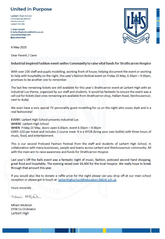The last few remaining tickets are still available for this year’s Strathcarron event at Larbert High. Last ones remaining are available from Strathcarron shop, Hallam Road, Stenhousemuir, next to Asda.