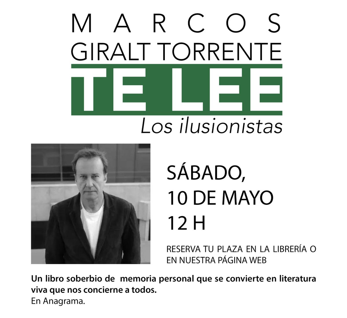 La Buena Vida (@labuenavidalib) on Twitter photo ¡Ya está aquí lo nuevo de Marcos Giralt Torrente!
Y el sábado 10 lo celebraremos con él, porque estará con nosotros compartiendo aperitivo y leyéndonos algunos fragmentos de 'Los ilusionistas' (<a href="/AnagramaEditor/">Editorial Anagrama</a>).
Reservar tu plaza:
acortar.link/01o3Ez
#libreríasdemadrid ¡Ya está aquí lo nuevo de Marcos Giralt Torrente!
Y el sábado 10 lo celebraremos con él, porque estará con nosotros compartiendo aperitivo y leyéndonos algunos fragmentos de 'Los ilusionistas' (<a href="/AnagramaEditor/">Editorial Anagrama</a>).
Reservar tu plaza:
acortar.link/01o3Ez
#libreríasdemadrid