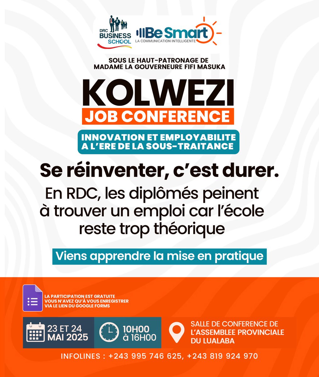 BeSmart_Com's tweet photo. « Se réinventer, c’est durer. »
En RDC, trop de diplômés sont non préparés au terrain.
23 mai • Conférence gratuite • Kolwezi

✍️ Réserve ta place → https://t.co/Tdqw9n35kN
#SkillsGap #Employabilité #Kolwezi2025 https://t.co/t6UZMjj9Oi