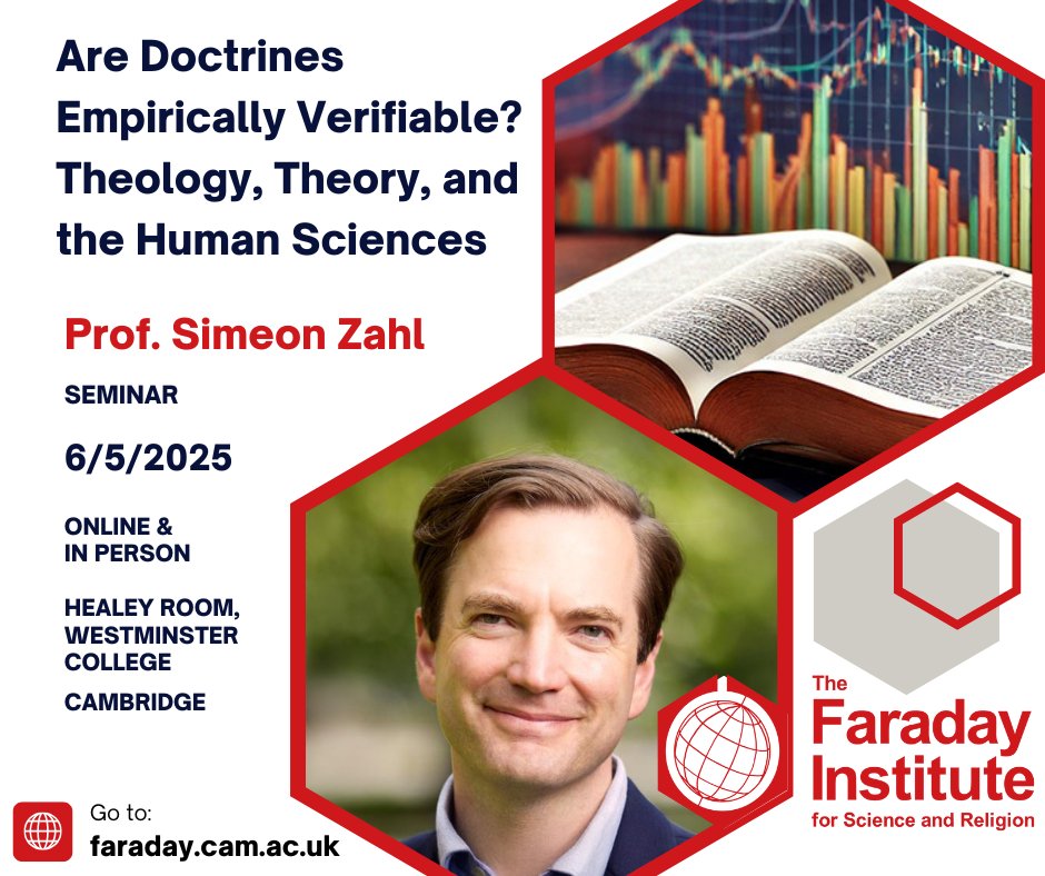 Prof. Simeon Zahl:
"Are Doctrines Empirically Verifiable? Theology, Theory, and the Human Sciences."
⌚️Date &amp; Time: May 6, 2025 | 1:00–2:00 PM
➡️Location: Healey Room, Westminster College, Cambridge — and online
faraday.cam.ac.uk/event/prof-sim…
#Theology #HumanSciences #Seminar #Science