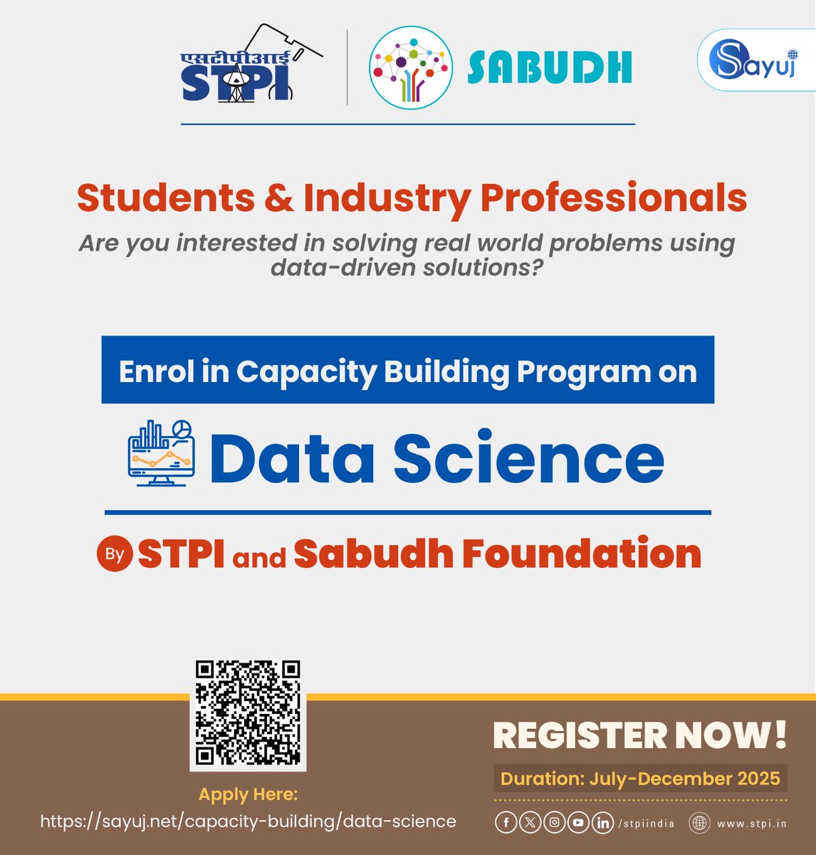 STPI (@stpiindia) on Twitter photo Calling All Tech Enthusiasts!📢
Are you passionate about solving real-world problems using data-driven solutions?
🎓 Enroll in Capacity Building Program on Data Science by STPI and <a href="/SabudhF/">Sabudh Foundation</a> — a 100% cost-free, six-month program designed to equip aspiring professionals with Calling All Tech Enthusiasts!📢
Are you passionate about solving real-world problems using data-driven solutions?
🎓 Enroll in Capacity Building Program on Data Science by STPI and <a href="/SabudhF/">Sabudh Foundation</a> — a 100% cost-free, six-month program designed to equip aspiring professionals with