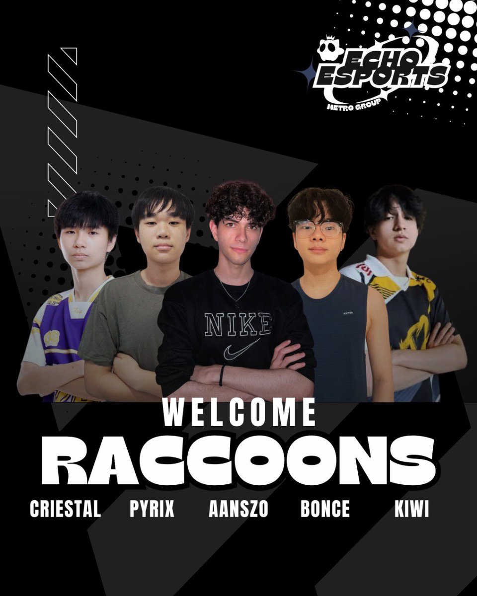 Introducing our new roster, ECHO Raccoons!

🦝<a href="/CreistalVAL/">Creistal</a>
🦝<a href="/PyrixVlr/">Pyrix</a>
🦝<a href="/Aanszo/">ansz</a>
🦝<a href="/boncelelele/">bonce</a>
🦝<a href="/kiwivlr/">kiwi</a>

🧠<a href="/JDN_Val/">Jaiden</a>