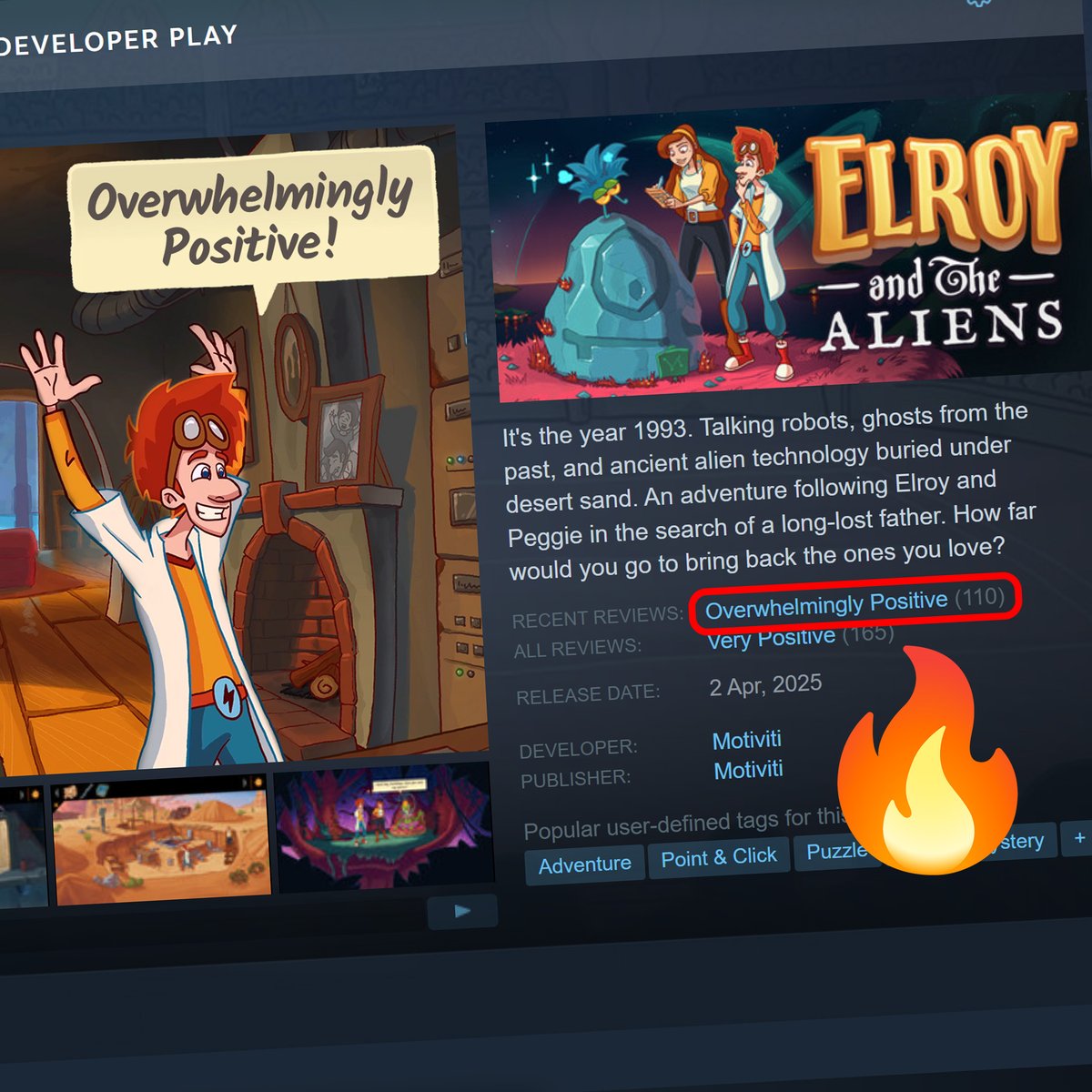 Just.. 🤯 Massive thanks for the recent "Overwhelmingly Positive" reviews for Elroy and the Aliens on Steam! ❤️

Huge moment for our #indiegame and proof that adventure games are alive and thriving! 
Keep 'em coming. 🙏