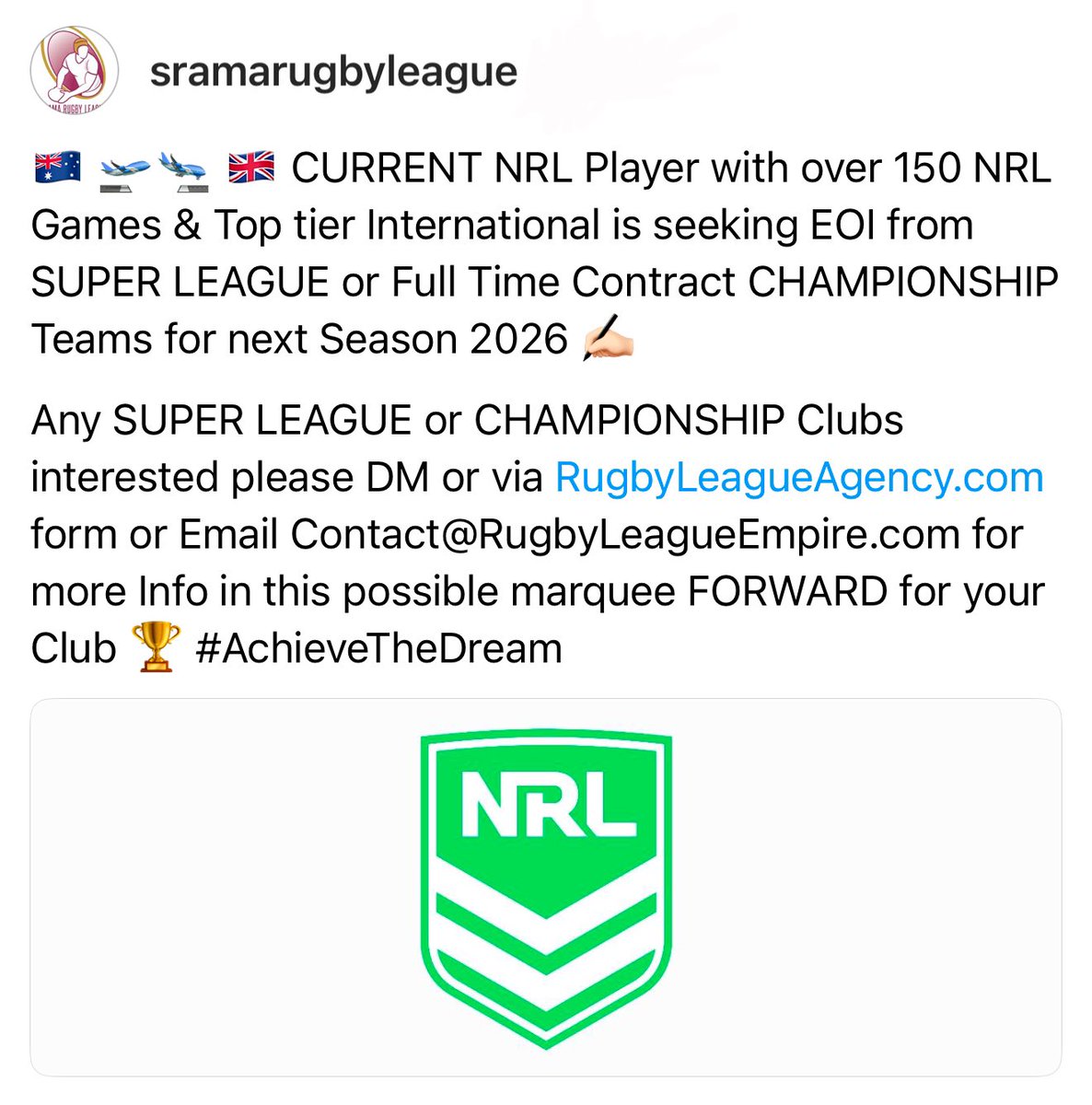 ❓ Any Clubs in the Northern Hemisphere Interested please DM or via RugbyLeagueAgency.com or Email Contact@RugbyLeagueEmpire.com 🏆 #AchieveTheDream