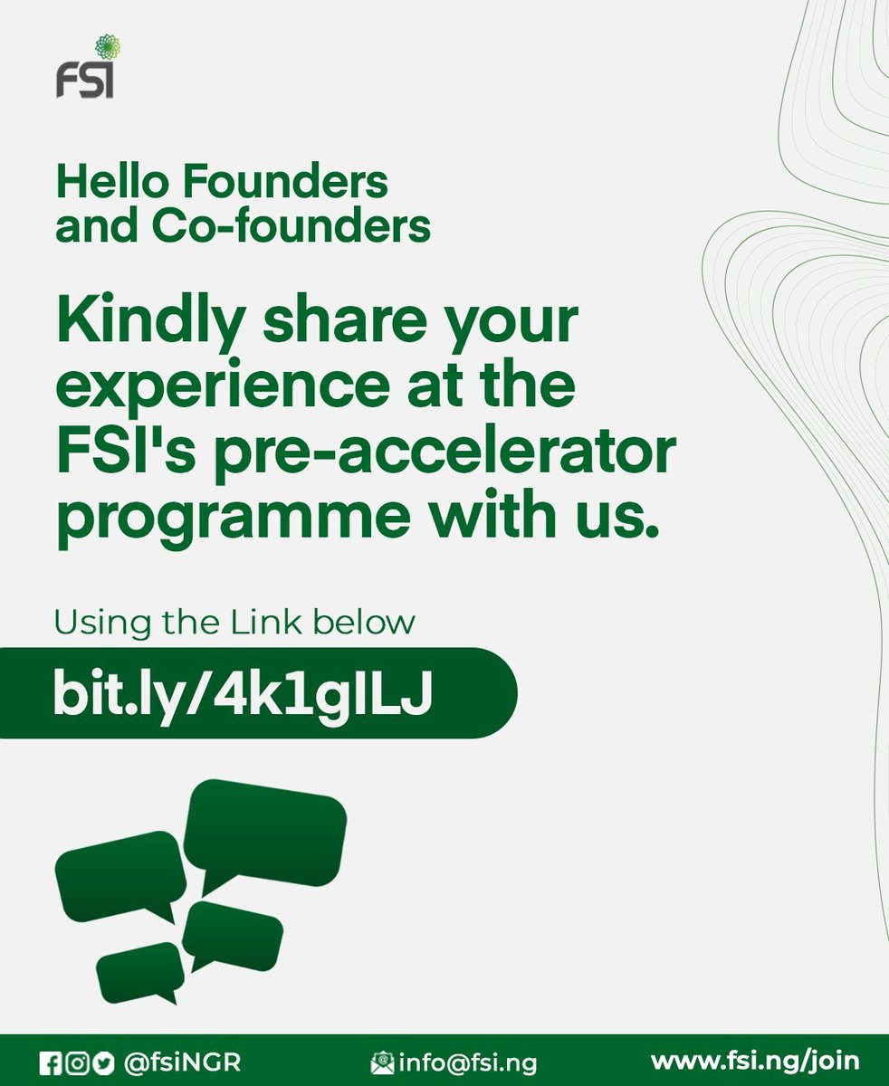 fsingr's tweet photo. Hello Founders and Co-Founderd 

Kindly share your experience at the FSI'S Pre-Accelerator Programme with us.

Use the the link below
https://t.co/Q2sJSiibFC https://t.co/6SDIO7MOnx